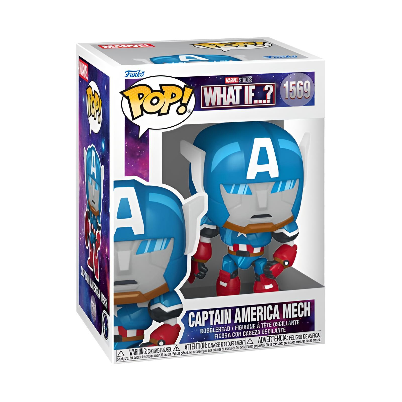 Captain America Mech Funko Pop Figur in Originalverpackung mit blau-weißer Rüstung.