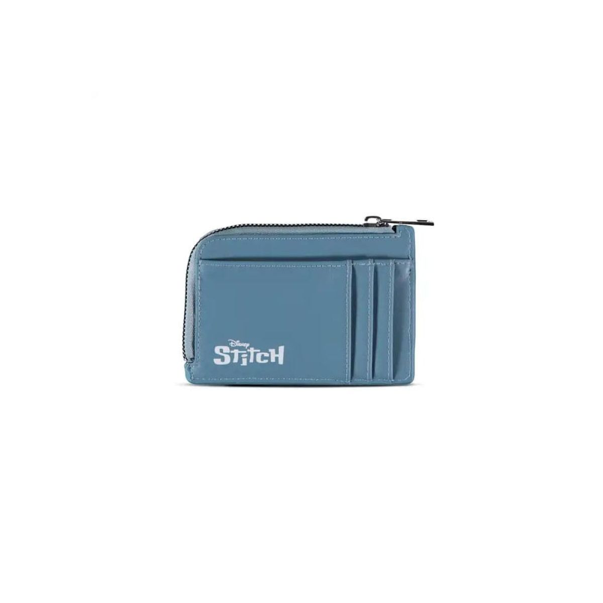 Ein blauer Disney Stitch Kartenetui mit Reißverschluss auf weißem Hintergrund.