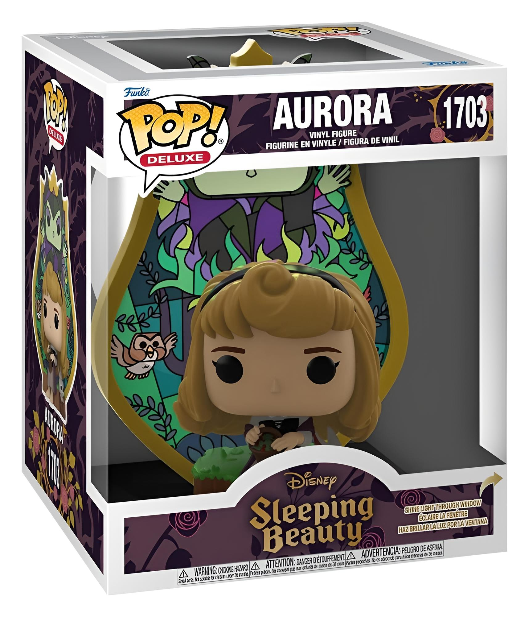Funko Pop Deluxe Schachtel zeigt Prinzessin Aurora aus Dornröschen vor einem Glasfenster mit Eulenmotiv.