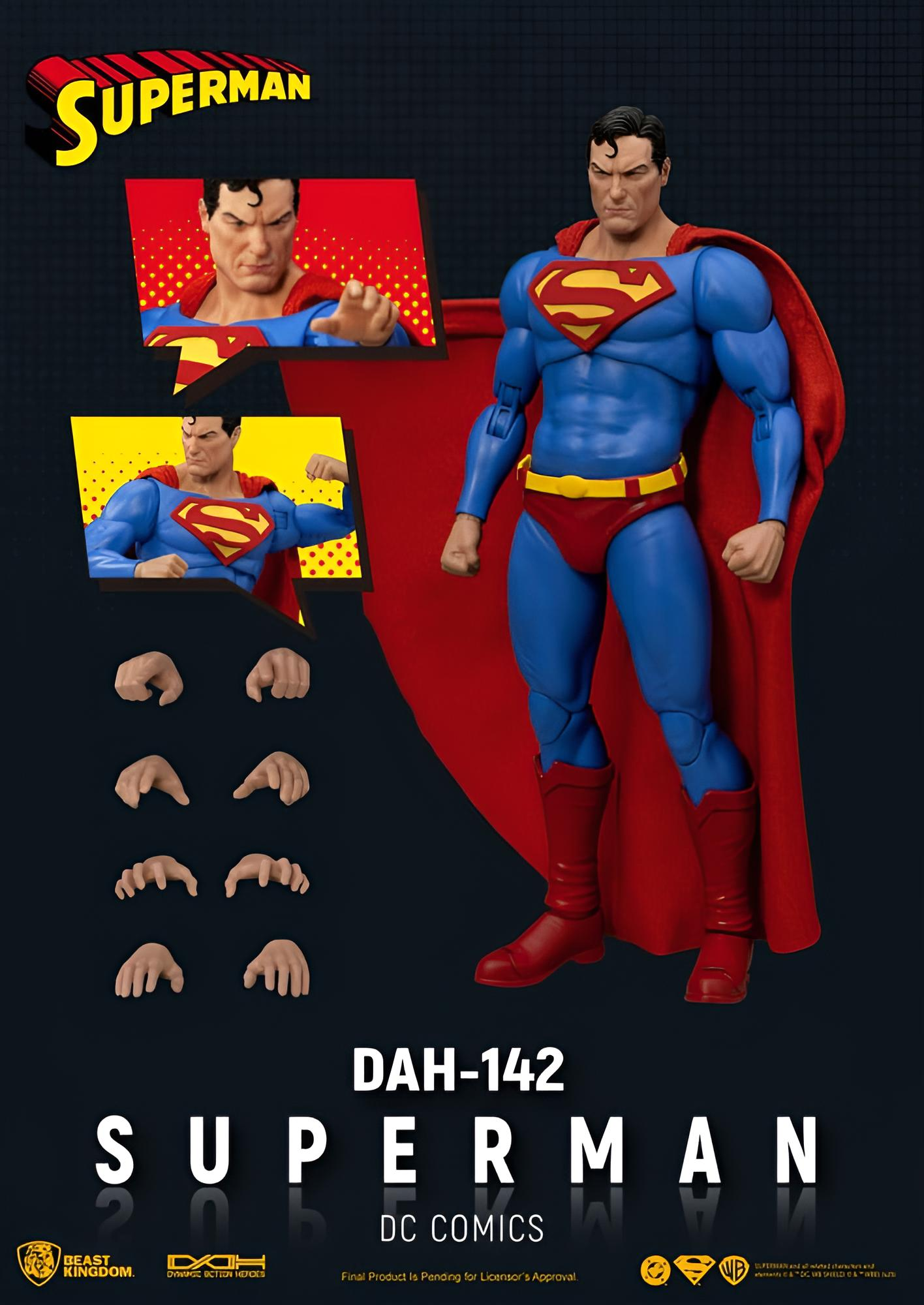 Superman-Actionfigur mit rotem Umhang, blauem Anzug und austauschbaren Händen, gezeigt mit Comic-Panels.