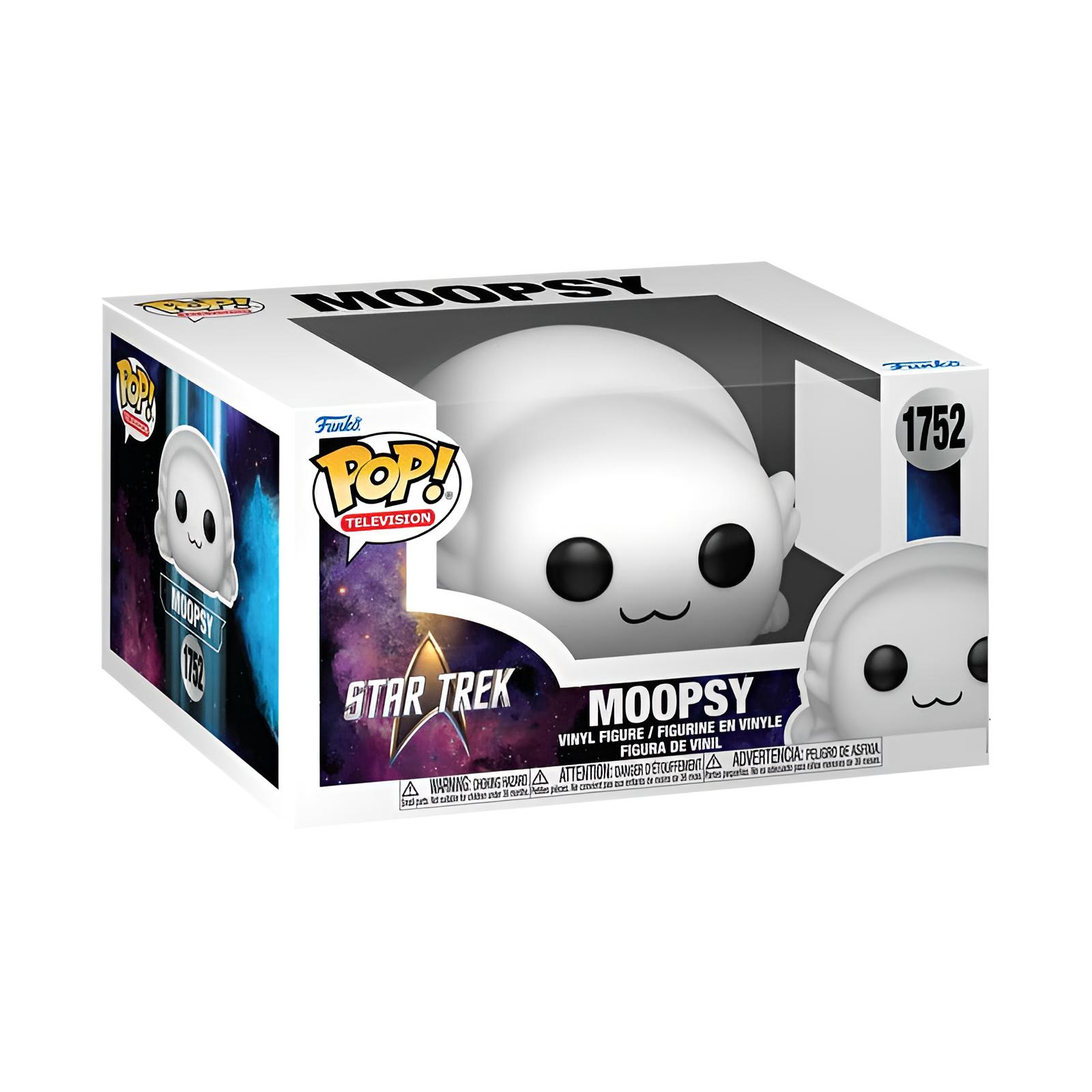 Una figura de vinilo blanca de Moopsy de Star Trek en su caja de embalaje Pop! Television sobre fondo blanco.