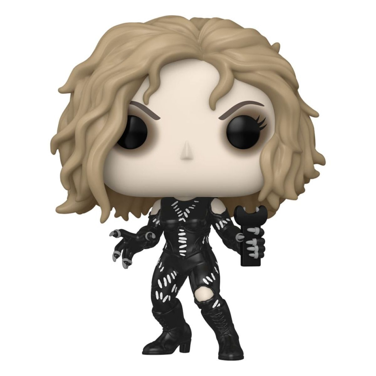Figura Funko Pop con cabello rubio, traje negro con detalles blancos y botas negras sobre fondo blanco.