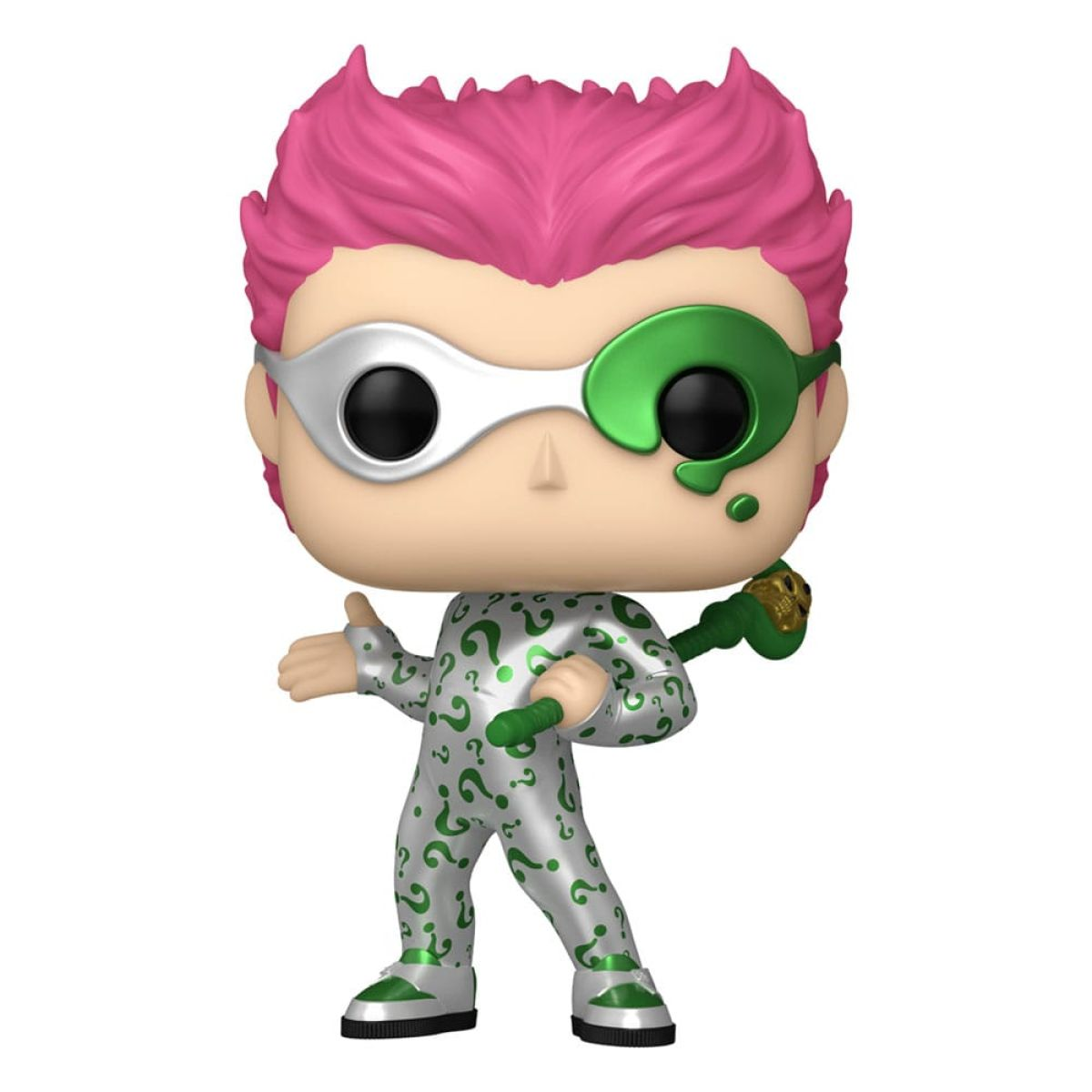 Una figura Funko Pop con pelo rosa, traje plateado de signos de interrogación, máscara blanca y monóculo verde.