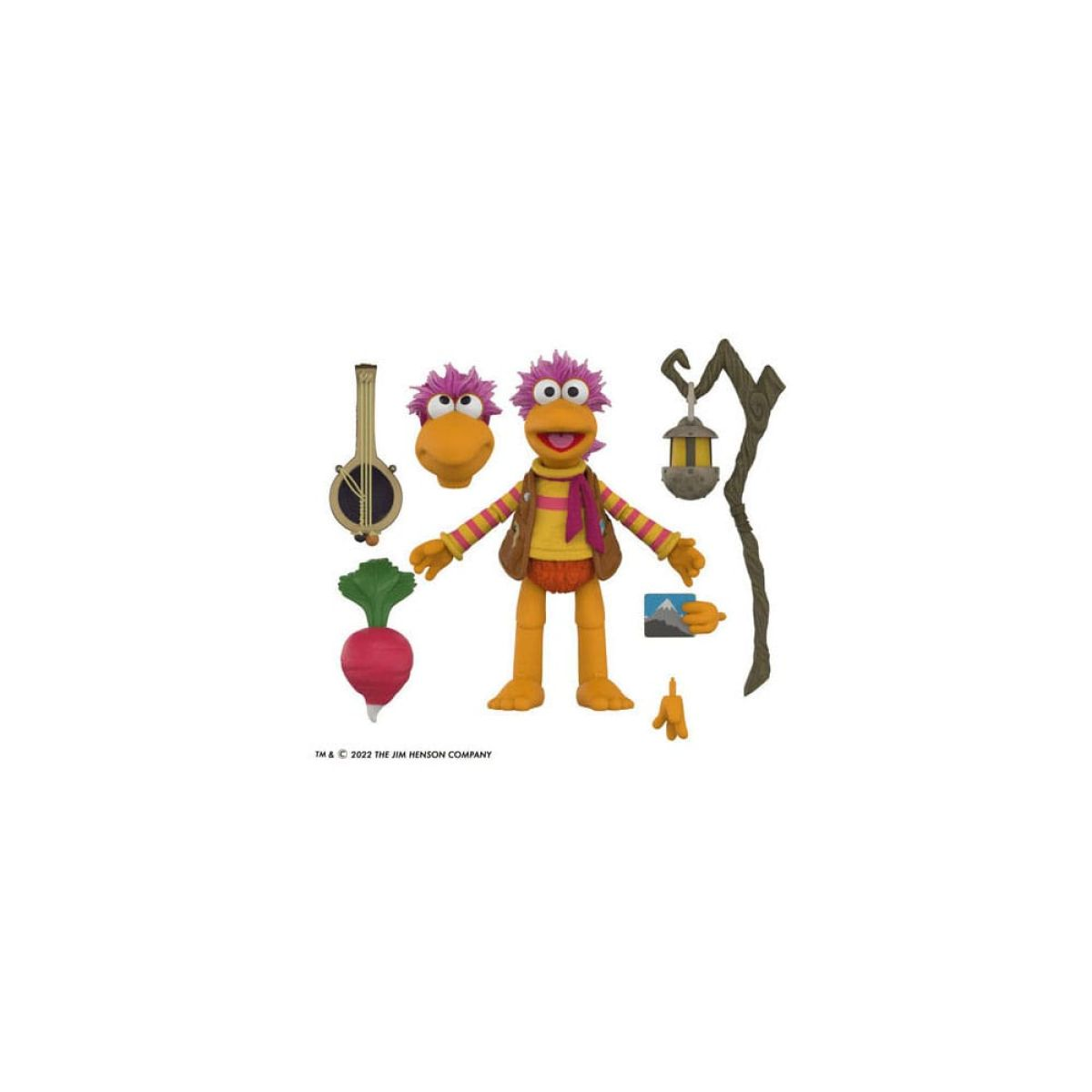 Wembley Fraggle Actionfigur mit austauschbaren Köpfen, Musikinstrument, Stab, Laterne, Rettich und kleinen Accessoires.
