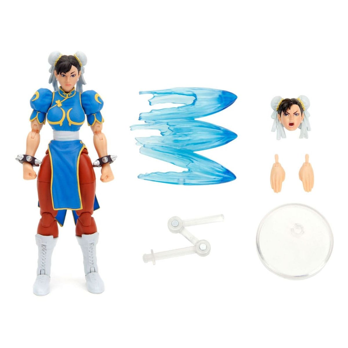 Chun-Li Actionfigur mit blauer Energieauswirkung, austauschbaren Köpfen, Händen und einem runden Standfuß.