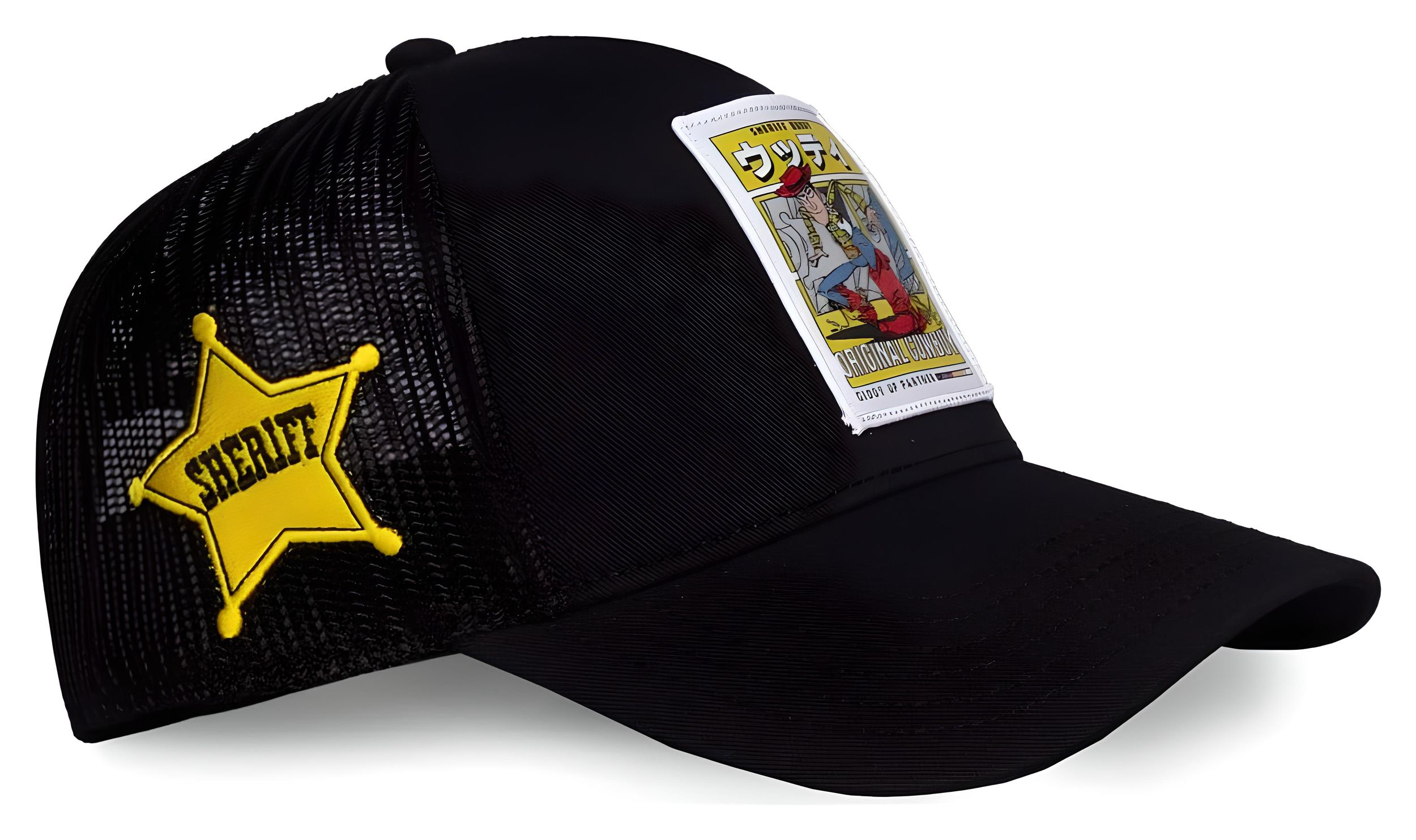 Una gorra de camionero negra tiene un parche de estrella de sheriff amarillo en el lateral y un vaquero de dibujos animados.
