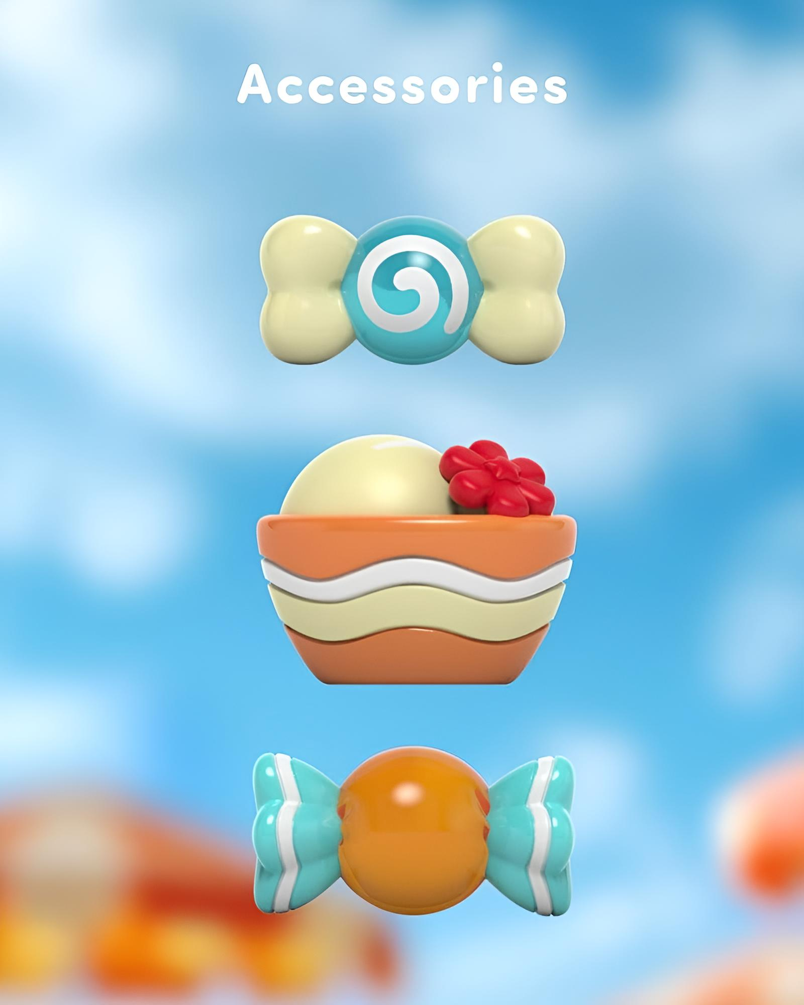 Drei bunte 3D-Accessoires vor blauem Wolkenhintergrund: eine blaue Bonbonform, eine orange Schale mit Creme und eine orange Bonbonform.