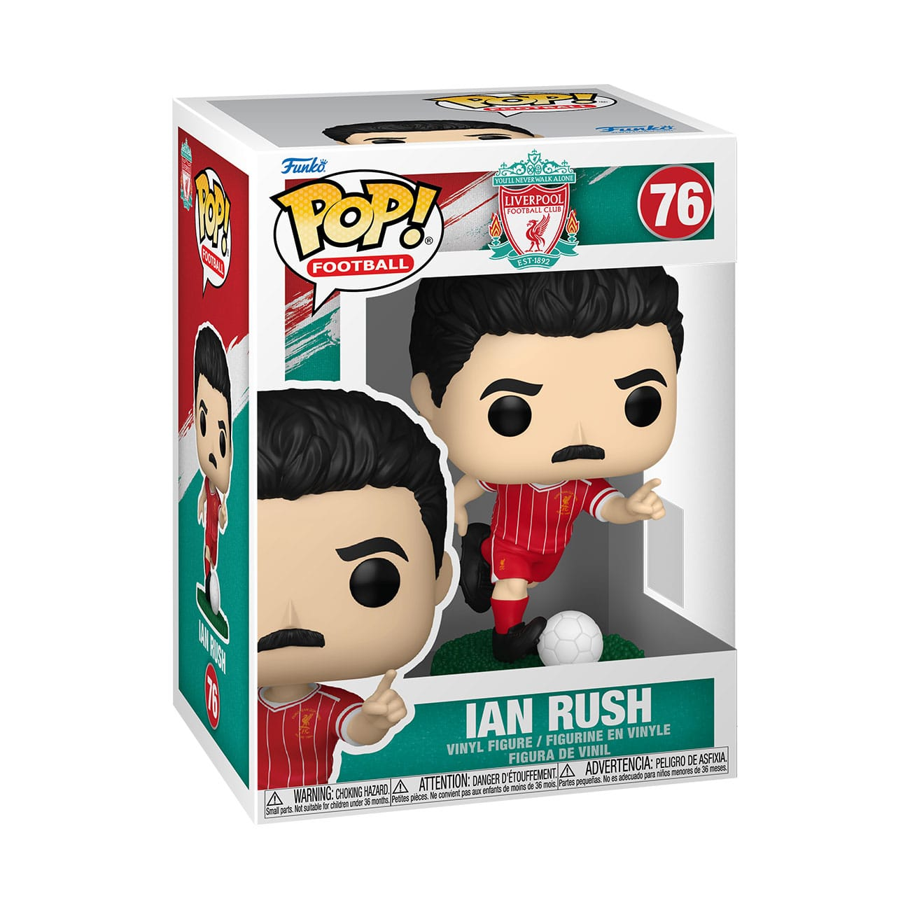 Figurka winylowa Funko Pop przedstawiająca Ilana Rusha w stroju Liverpoolu z piłką w pudełku.