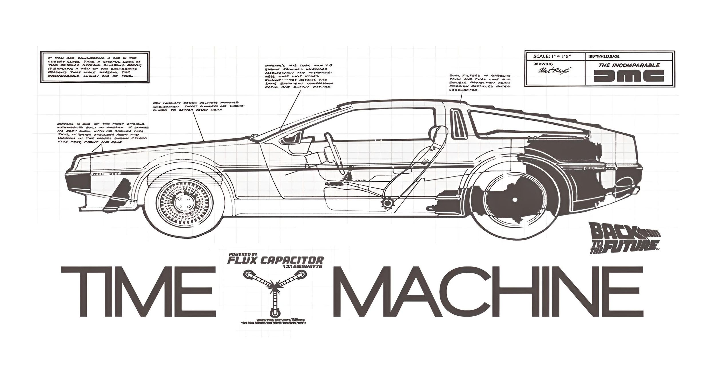 Plano de un auto DeLorean Time Machine con texto y condensador de fluzo.