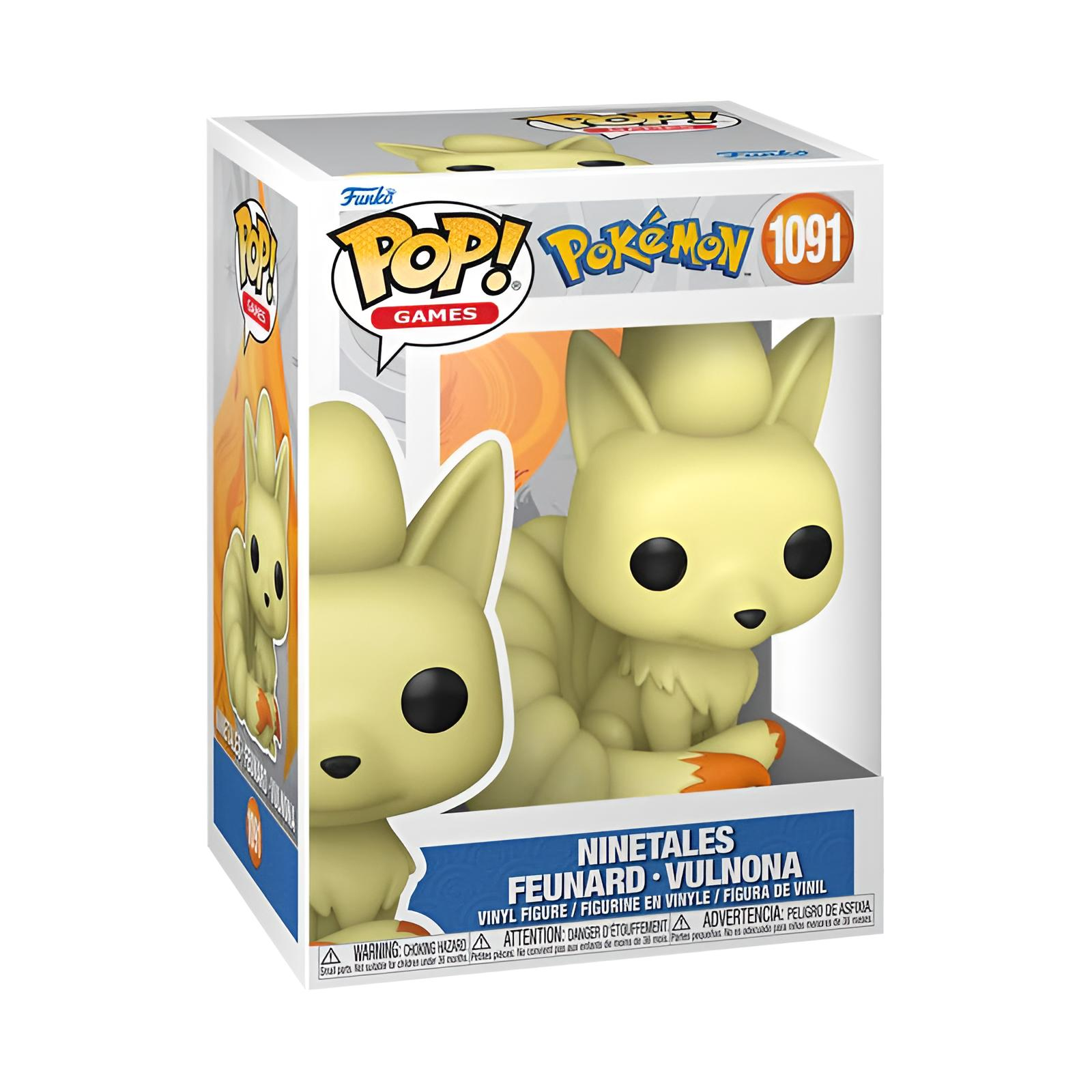 Eine Pop! Games Pokémon Vulpix Vinyl-Figur in ihrer Box, Nummer 1091, zeigt den gelben fuchsähnlichen Charakter.