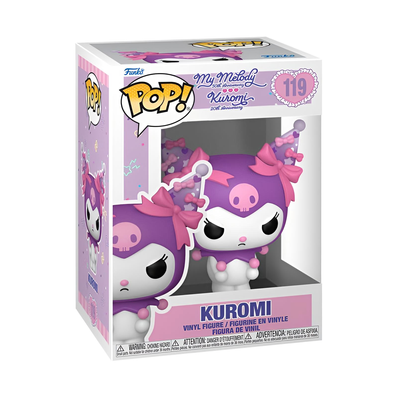 Figurka winylowa Funko Pop przedstawiająca Kuromi w fioletowo-białym pudełku kolekcjonerskim z różowymi kokardkami.