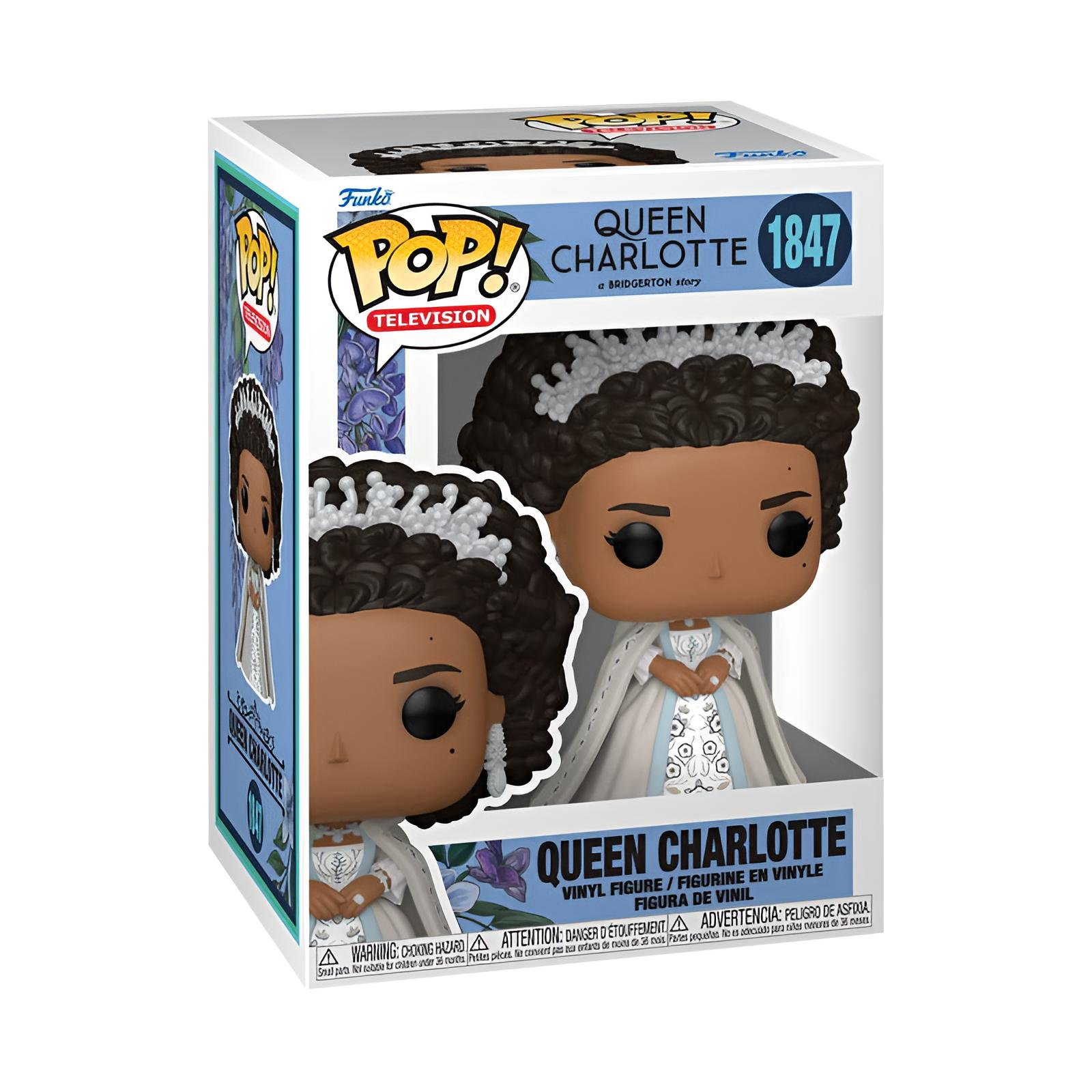 Funko Pop! Figur von Queen Charlotte in weißem Kleid und Tiara in der Verpackung.