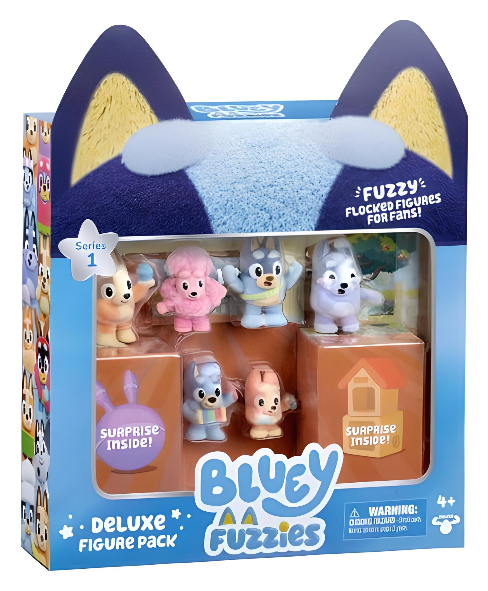 Blaue Bluey Fuzzies Deluxe-Figurenpackung mit sechs samtigen Spielfiguren und Überraschungsboxen.