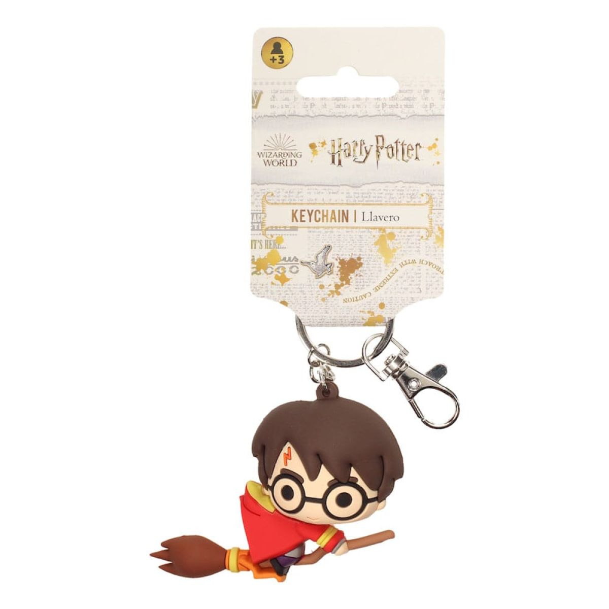 Llavero de Harry Potter en su embalaje con un Harry chibi montado en escoba.
