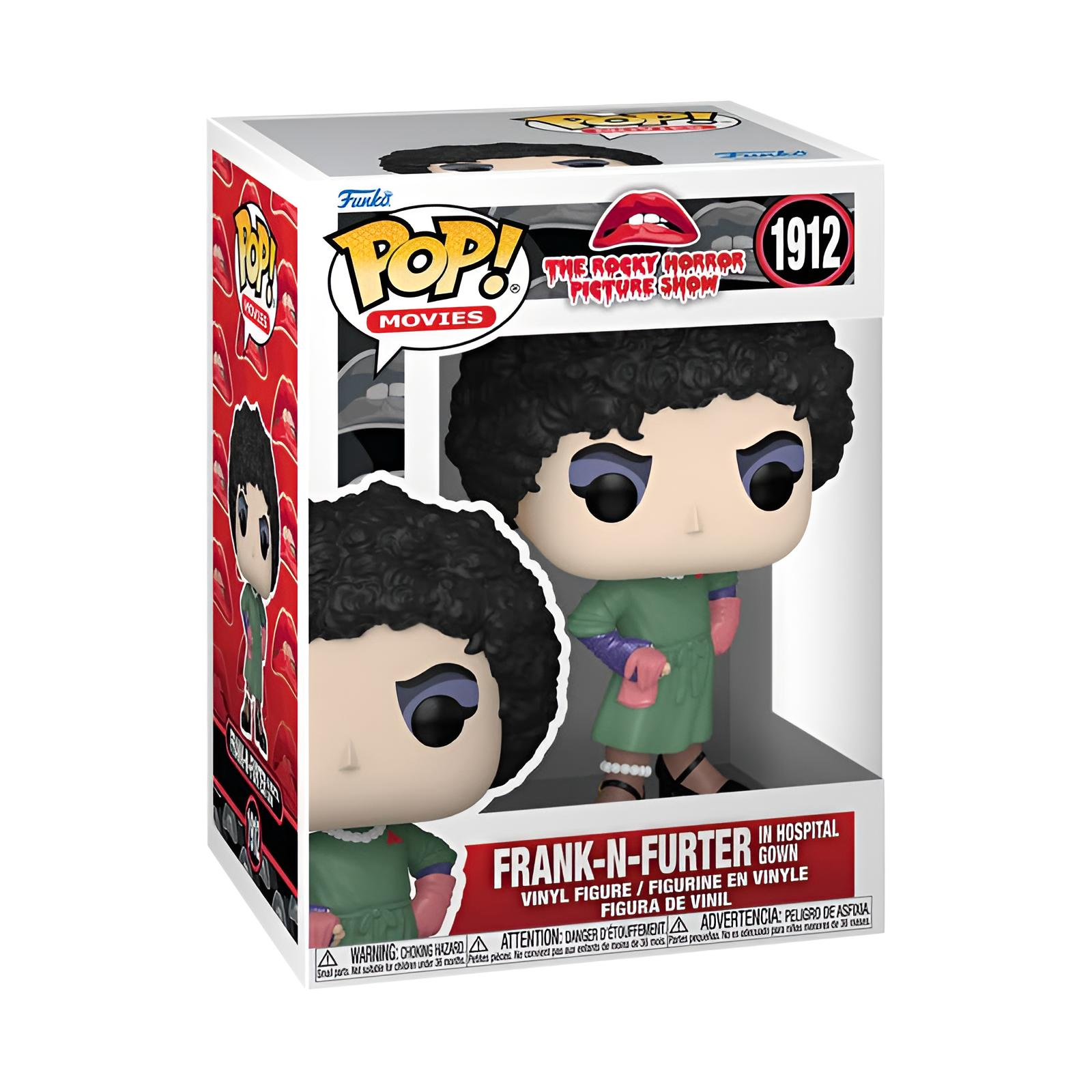 Una figura Funko Pop de Frank-N-Furter con bata de hospital dentro de una caja blanca con detalles en rojo y negro.