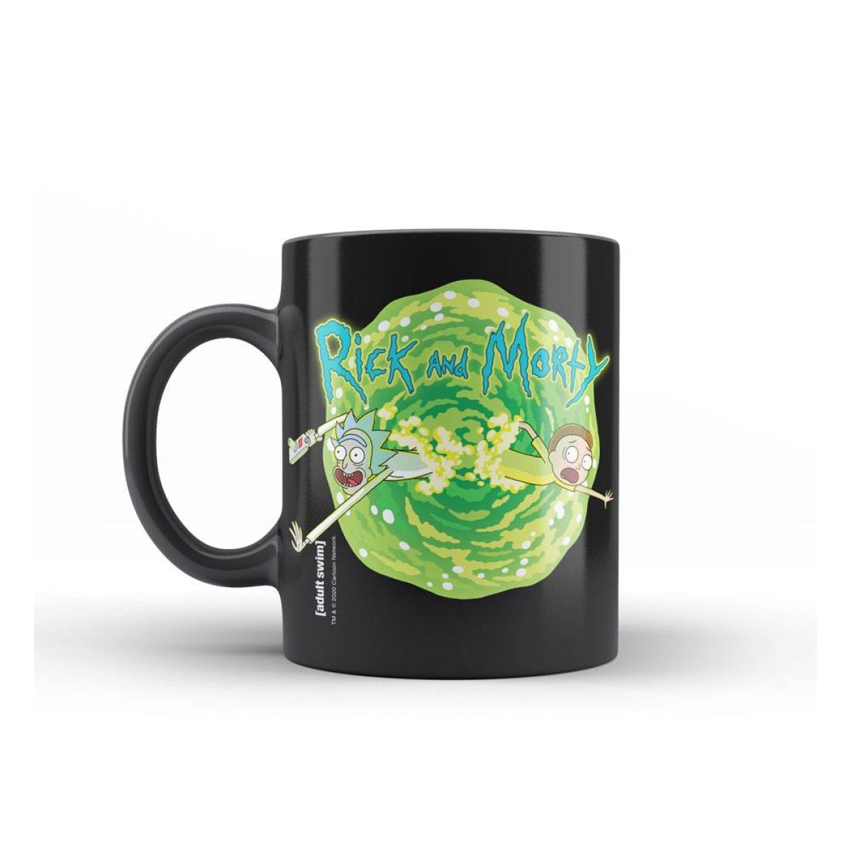 Una taza negra con Rick y Morty saltando de un portal verde en el frente.