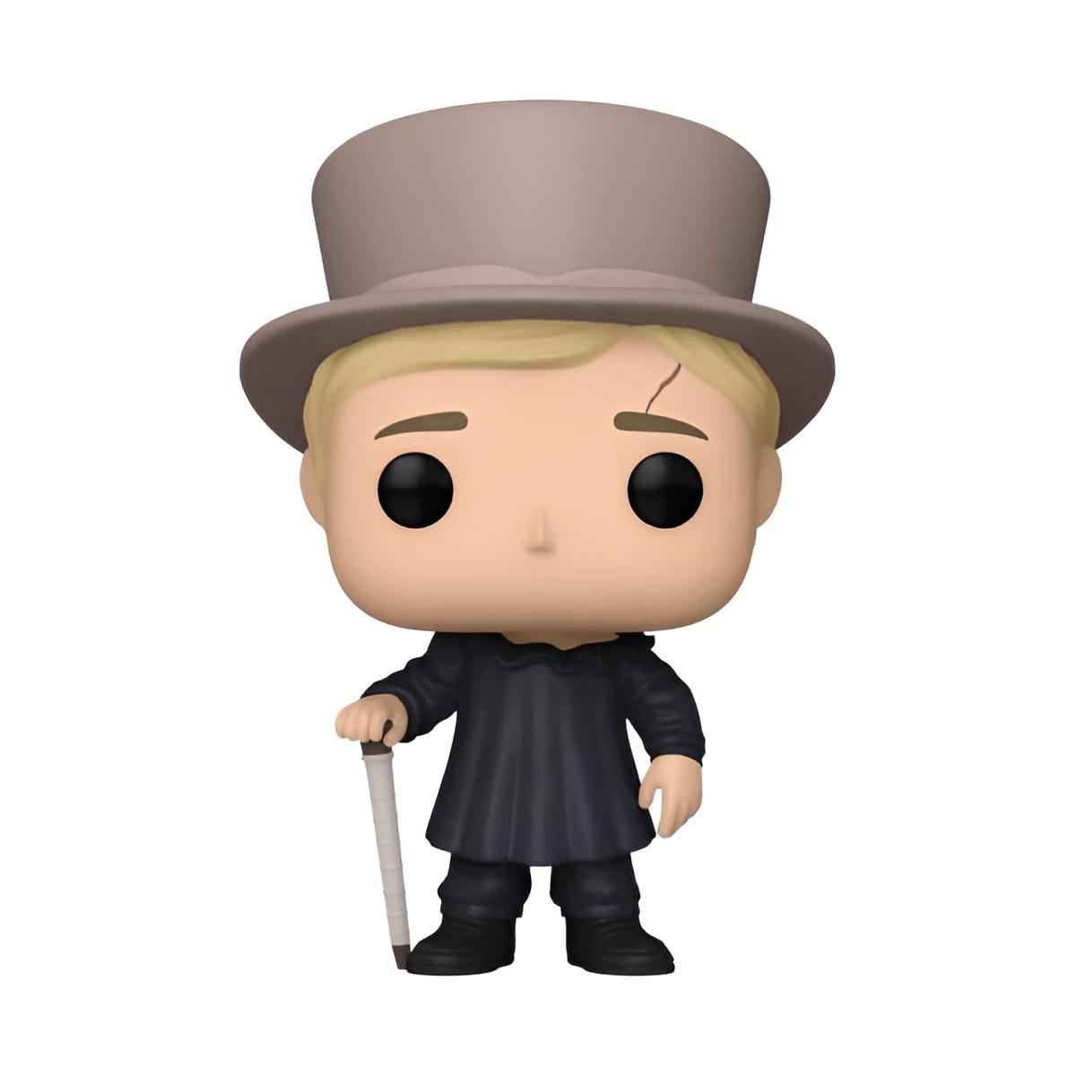 Una figura de Funko Pop con sombrero de copa gris, vestido negro y bastón.