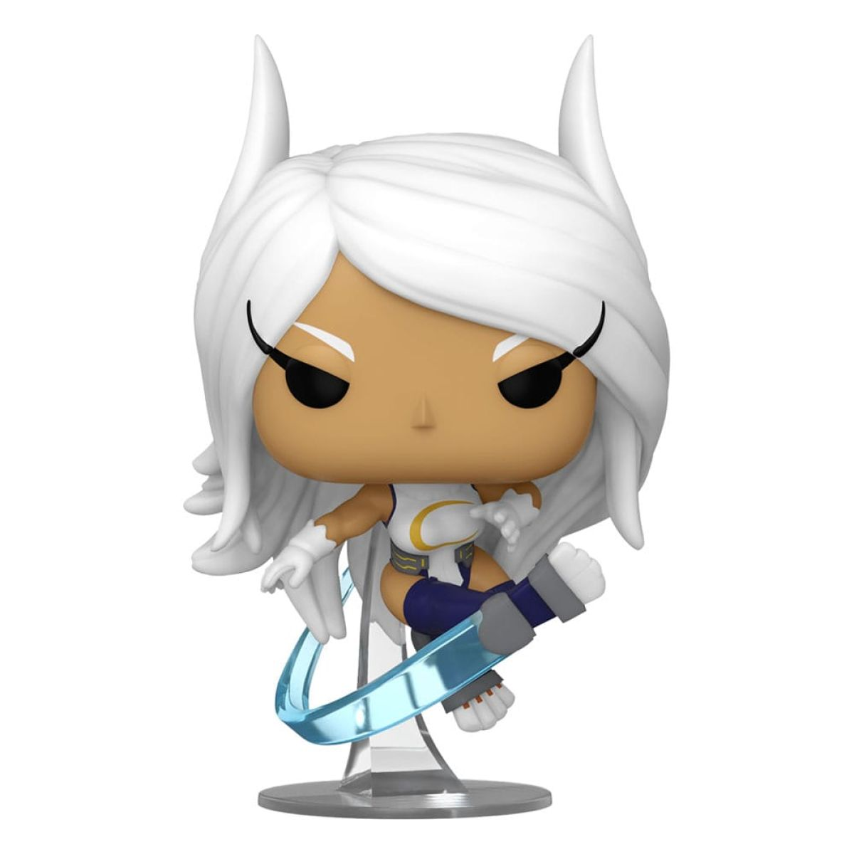 Una figura Funko Pop de Mirko con cabello blanco, orejas de conejo y efecto de energía azul en un soporte transparente.