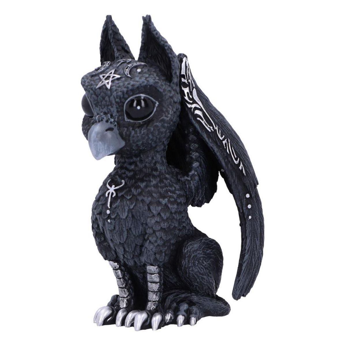 Una estatuilla de grifo negro con símbolos plateados en la frente y alas, ojos negros grandes y un pico ganchudo.