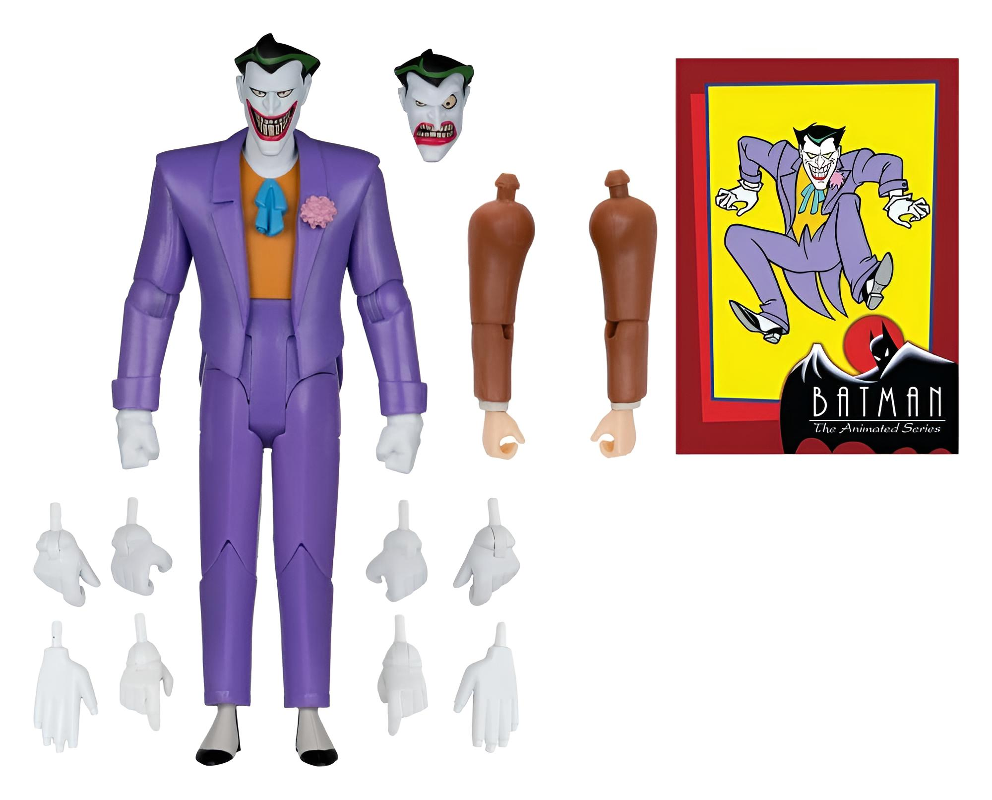 Figura de acción del Joker en morado y naranja con manos intercambiables, cabeza de repuesto, brazos y tarjeta.