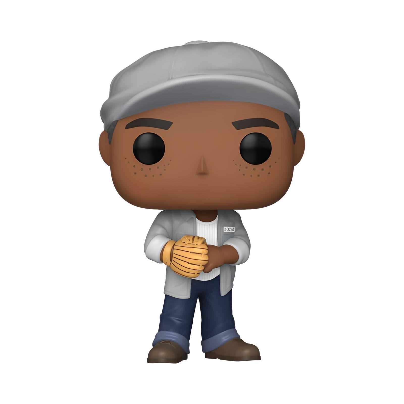 Una figura de Funko Pop con camisa gris y gorra sostiene un guante de béisbol.