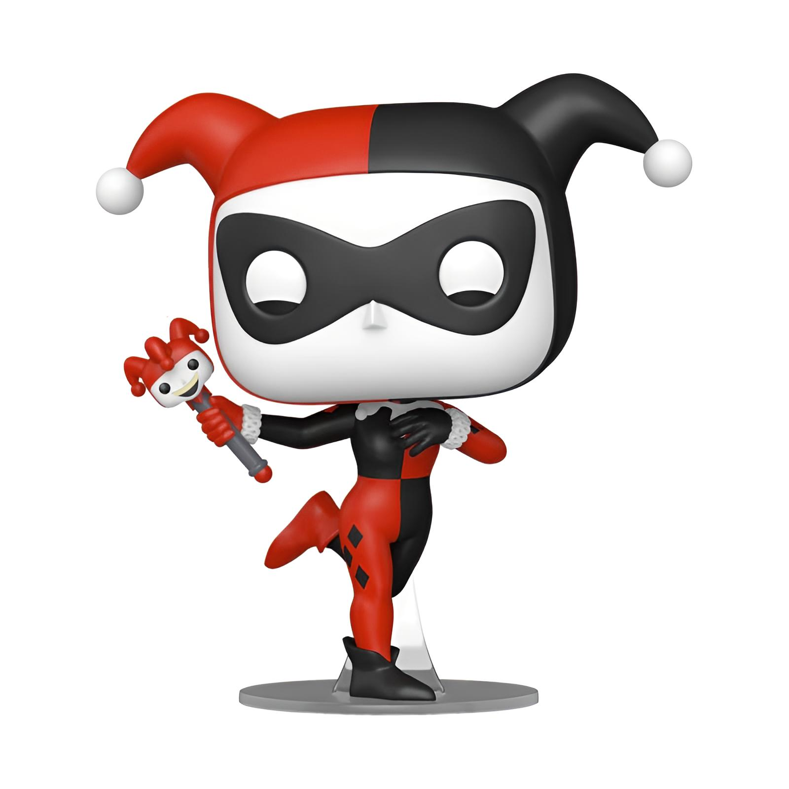 Figura Funko Pop de Harley Quinn con traje de bufón rojo y negro sosteniendo un pequeño mazo.