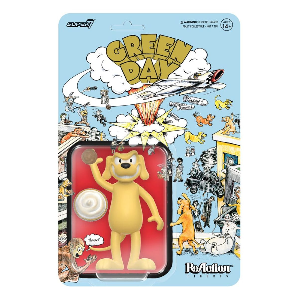 Green Day ReAction Actionfigur eines gelben Hundes in einer bunt illustrierten Verpackung.