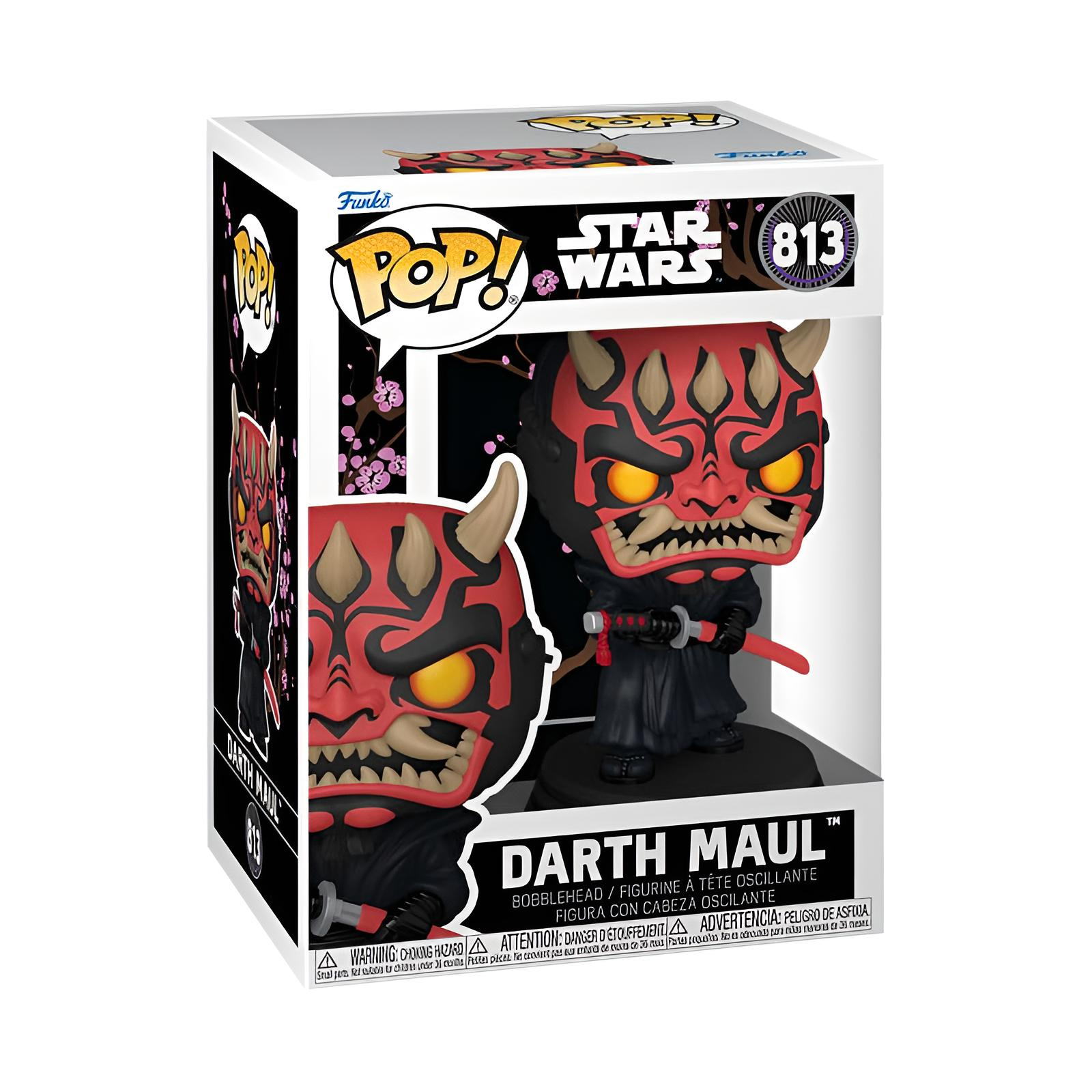 Una figura de vinilo Funko Pop de Darth Maul de Star Wars en su caja con diseño de samurái.