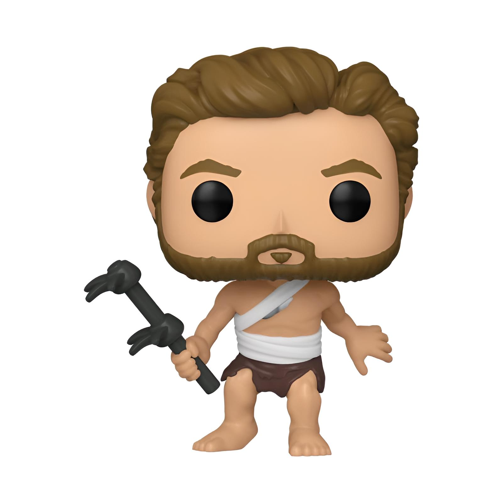 Una figura Funko Pop de la Edad de Piedra con barba marrón y una maza en la mano.