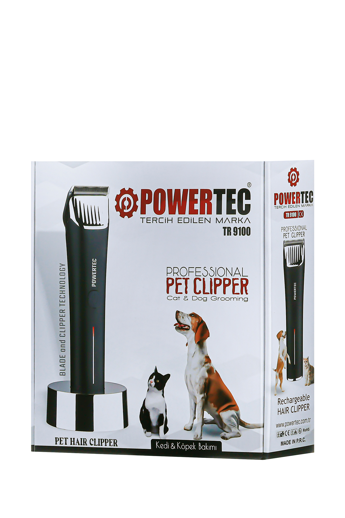 Köpek ve kedi görselleri içeren Powertec TR 9100 evcil hayvan tıraş makinesi ürün ambalajı.