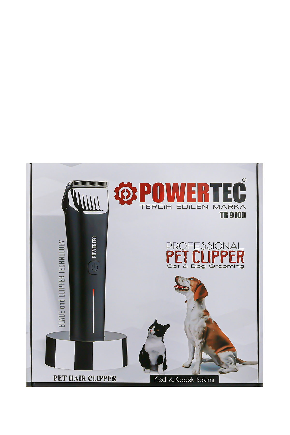 Siyah Powertec TR 9100 kedi ve köpek traş makinesi kutusu üzerinde kedi ve köpek resmi.