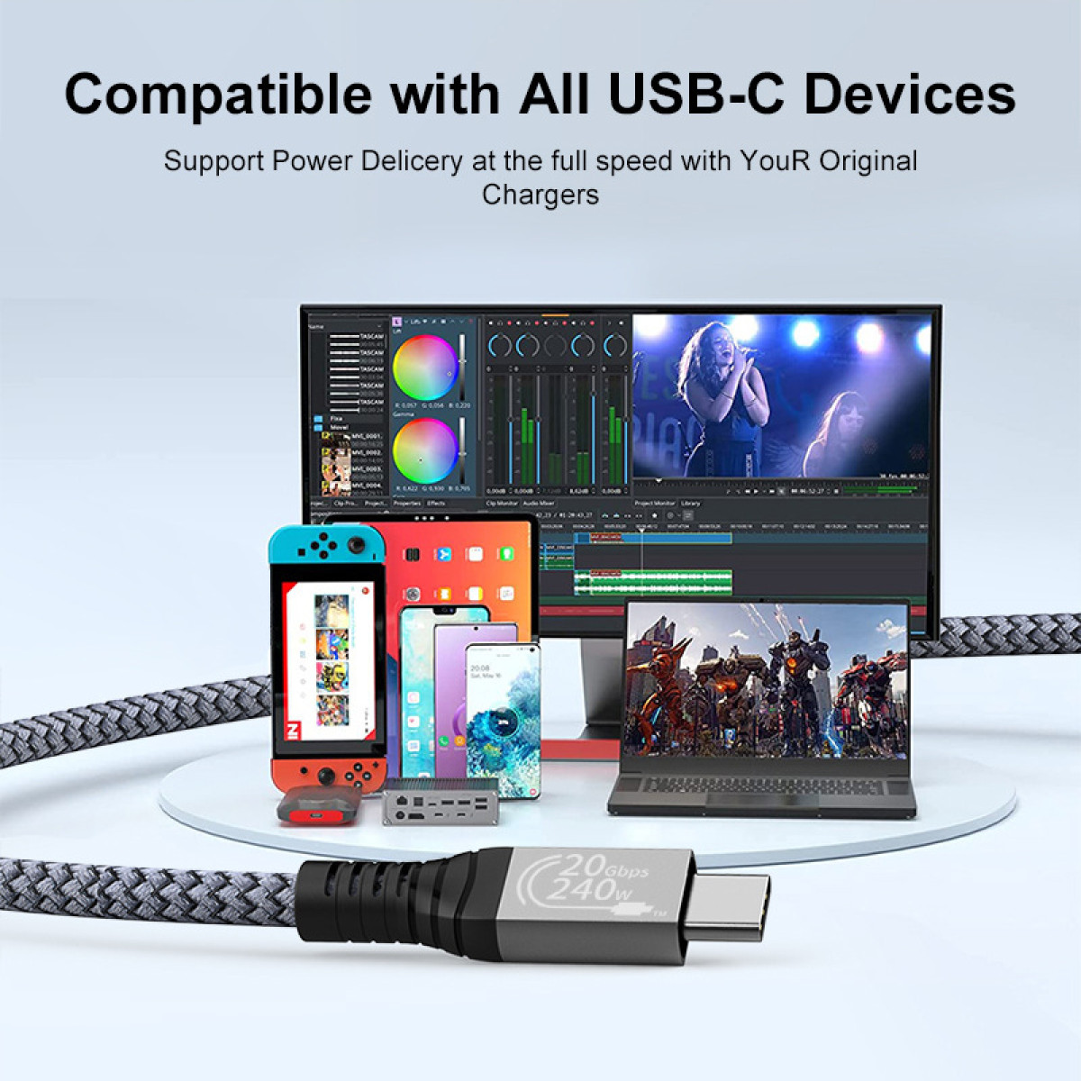 Ein graues USB-C-Kabel mit Textur und Stecker, verbunden mit vielen Geräten auf einem runden Tisch vor blauem Hintergrund.