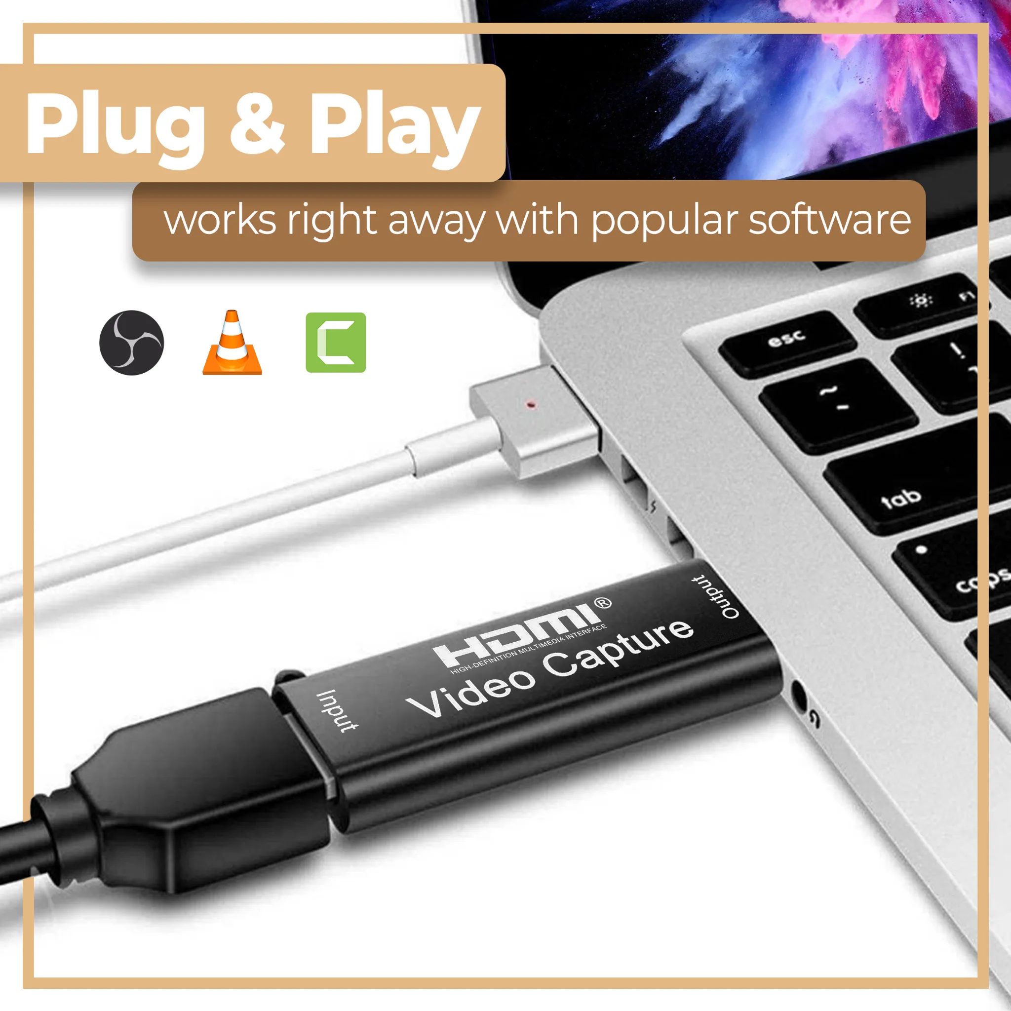 Ein HDMI-Video-Capture-Gerät ist an die Seite eines Laptops angeschlossen, umgeben von Software-Logos.