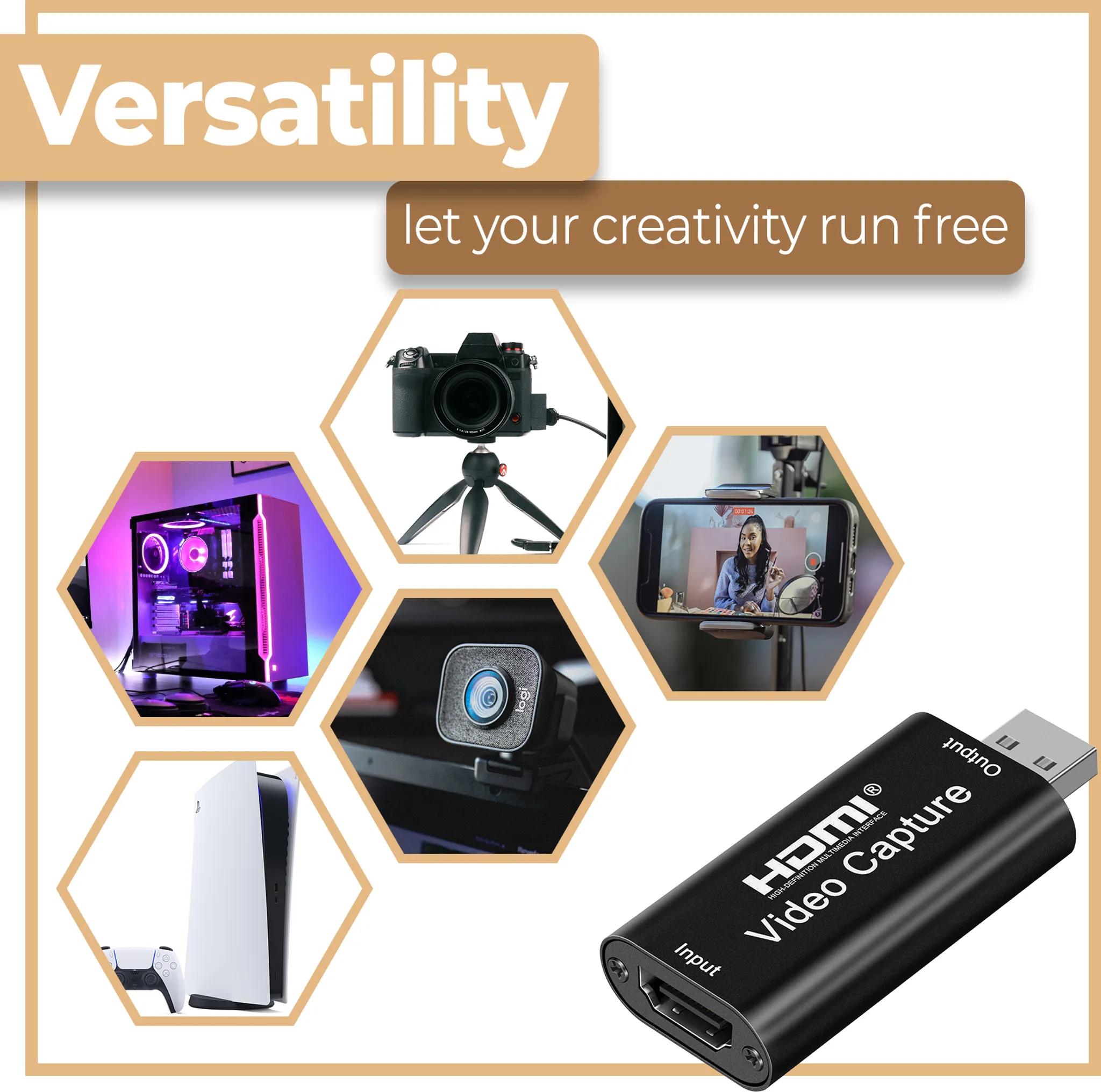 Eine HDMI-Video-Capture-Karte neben Sechseckbildern von Kamera, PC, Webcam, Smartphone und Konsole.