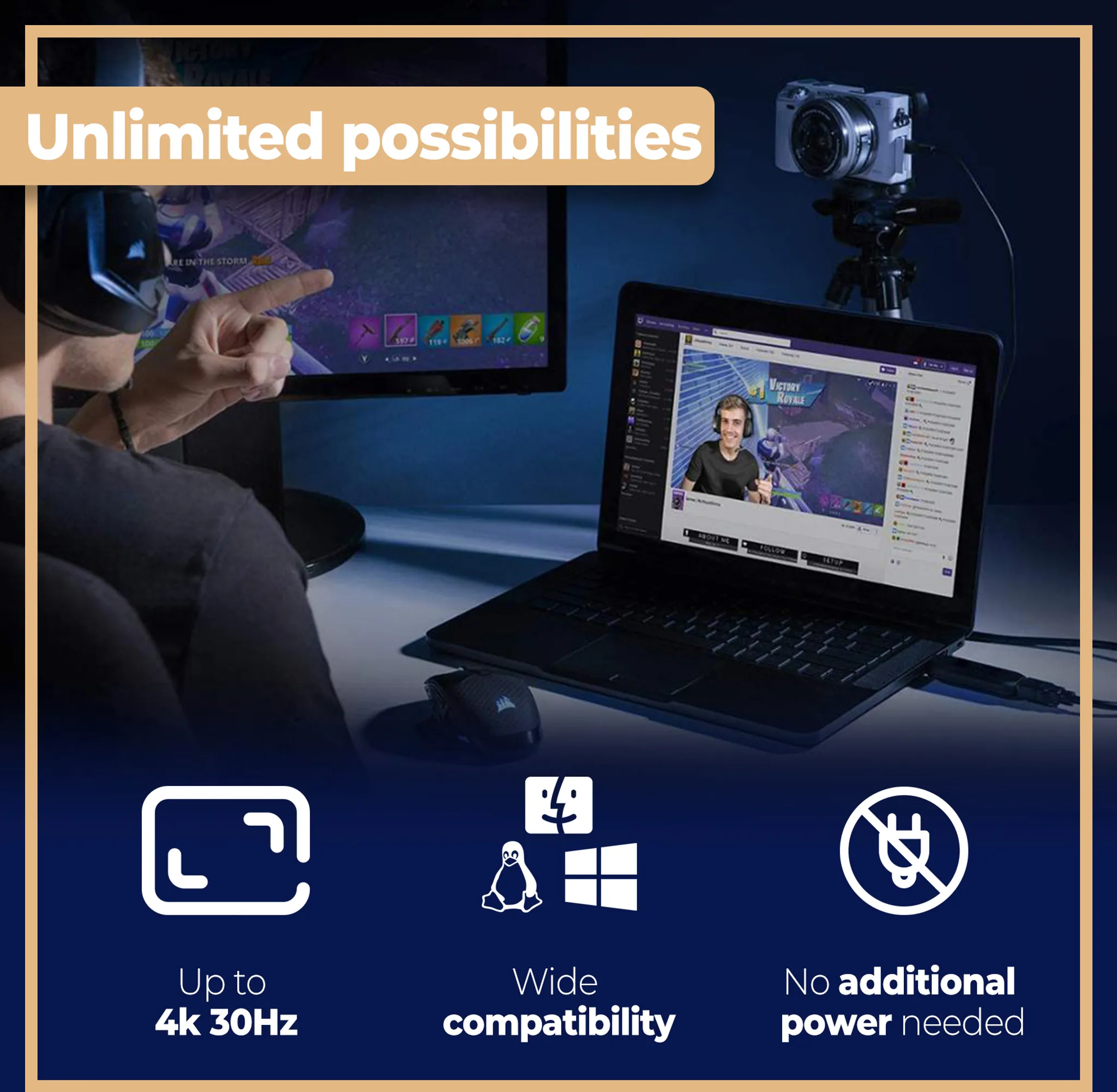 Streamer vor Monitoren mit Laptop, Kamera und Icons für 4K, Kompatibilität und stromfreie Nutzung.