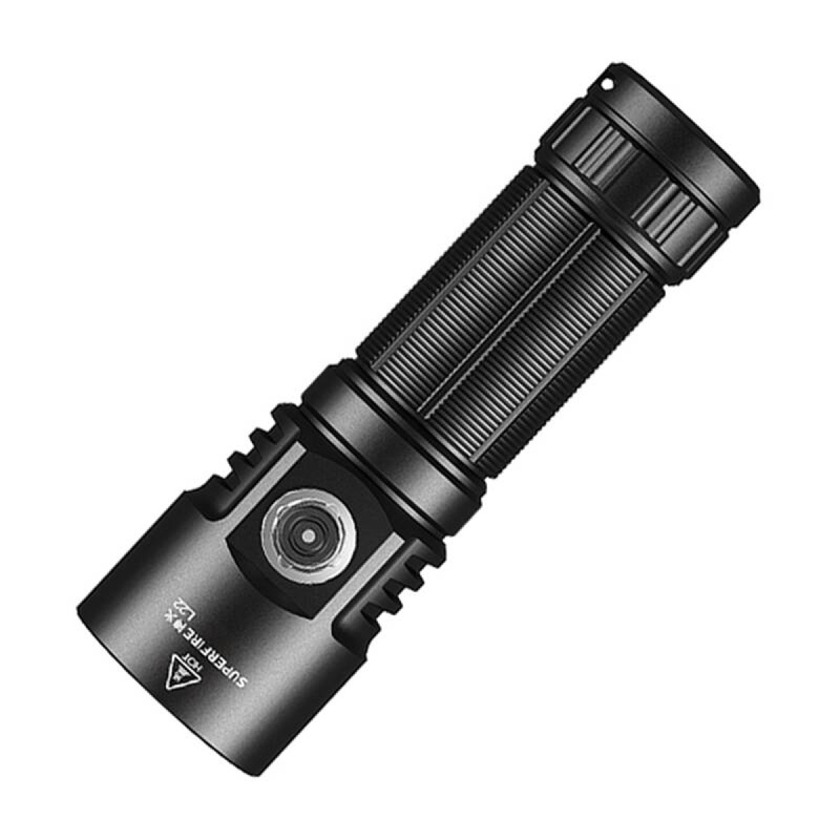 Eine kompakte, schwarze LED-Taschenlampe mit einem geriffelten Gehäuse und einem beleuchteten Ein- und Ausschalter.