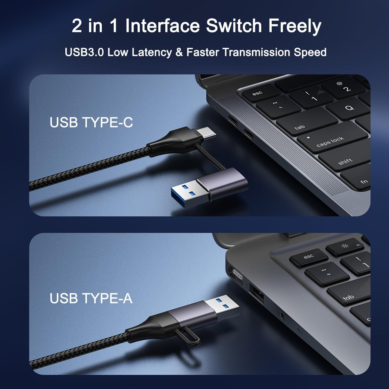 Ein 2-in-1-Kabel mit USB Type-C und USB Type-A Steckern für Laptops.