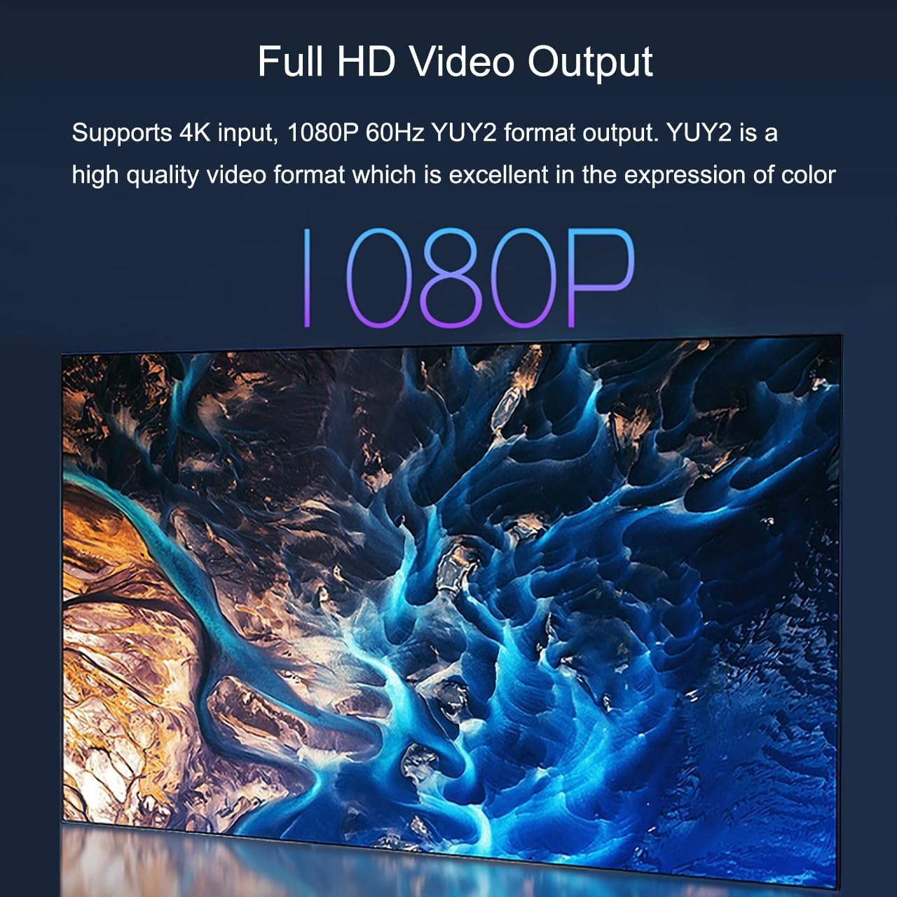 Produktwerbung für Full-HD-Videoausgang mit 1080P und blauer abstrakter Anzeige.