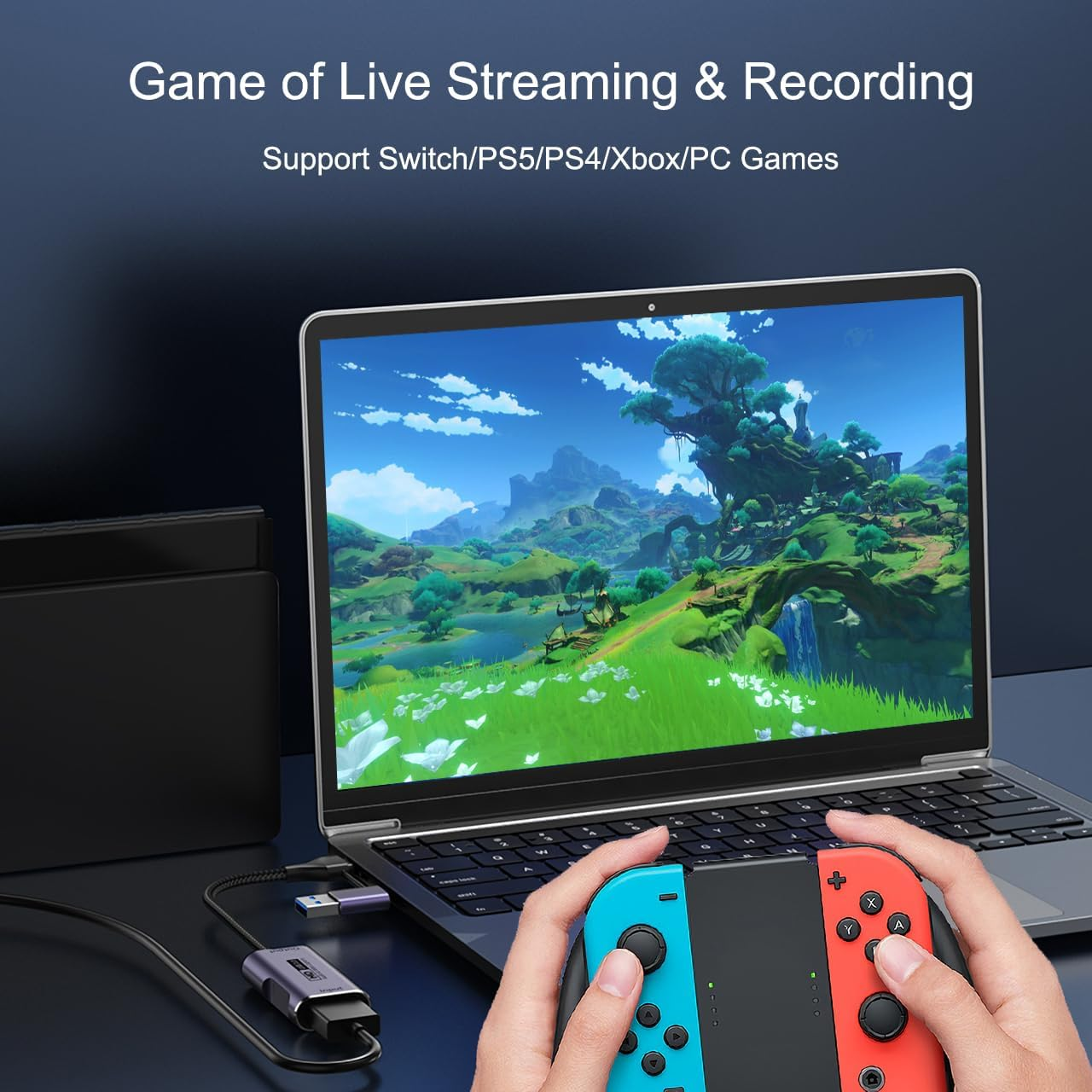 Eine Person spielt auf einem Laptop mit einem Switch-Controller, der über eine Capture-Karte verbunden ist.