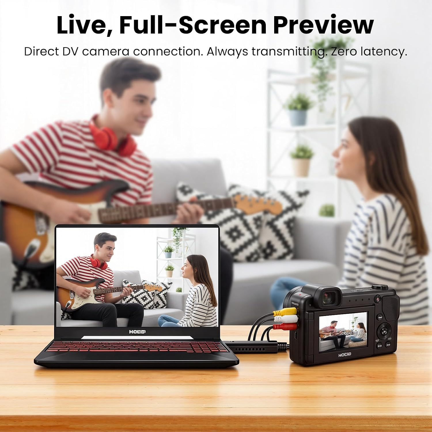 Eine Videokamera ist über Kabel mit einem Laptop auf einem Holztisch verbunden, der einen Mann mit Gitarre anzeigt.