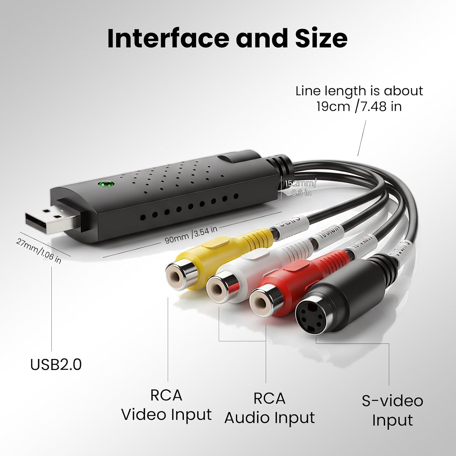 Diagramm zeigt einen schwarzen USB 2.0 Video-Capture-Adapter mit RCA- und S-Video-Eingängen sowie Maßen.