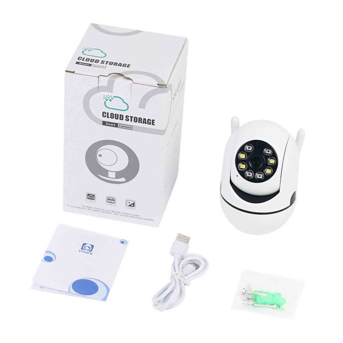 Eine weiße Sicherheitskamera mit Box, USB-Kabel, Anleitung und Schrauben.
