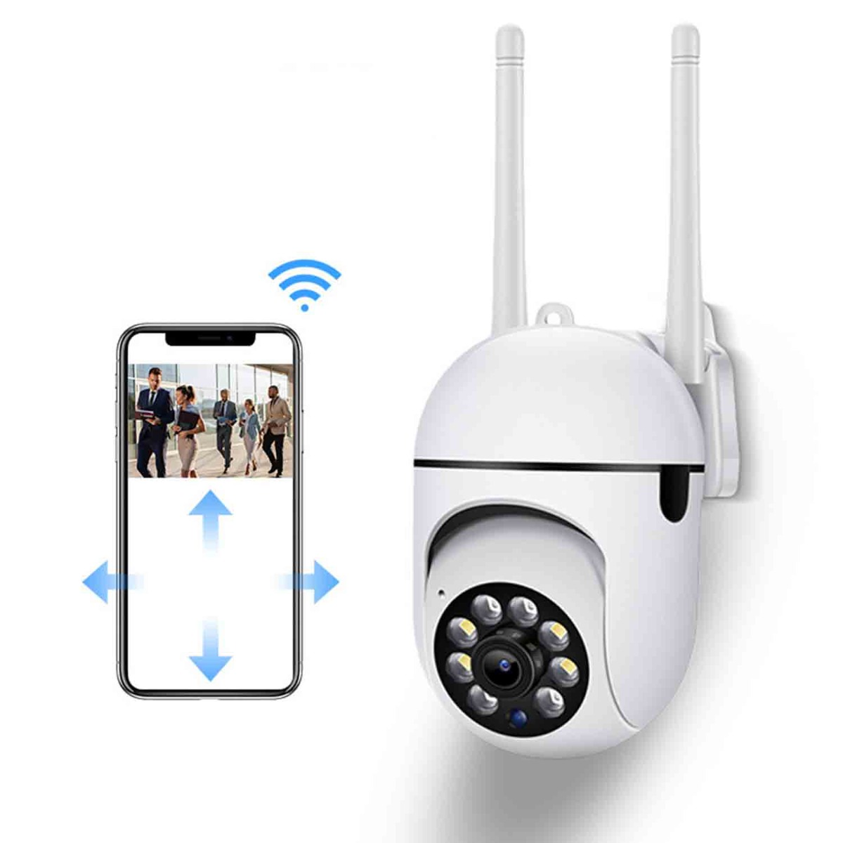 WLAN-Überwachungskamera mit zwei Antennen und Smartphone-Steuerung.