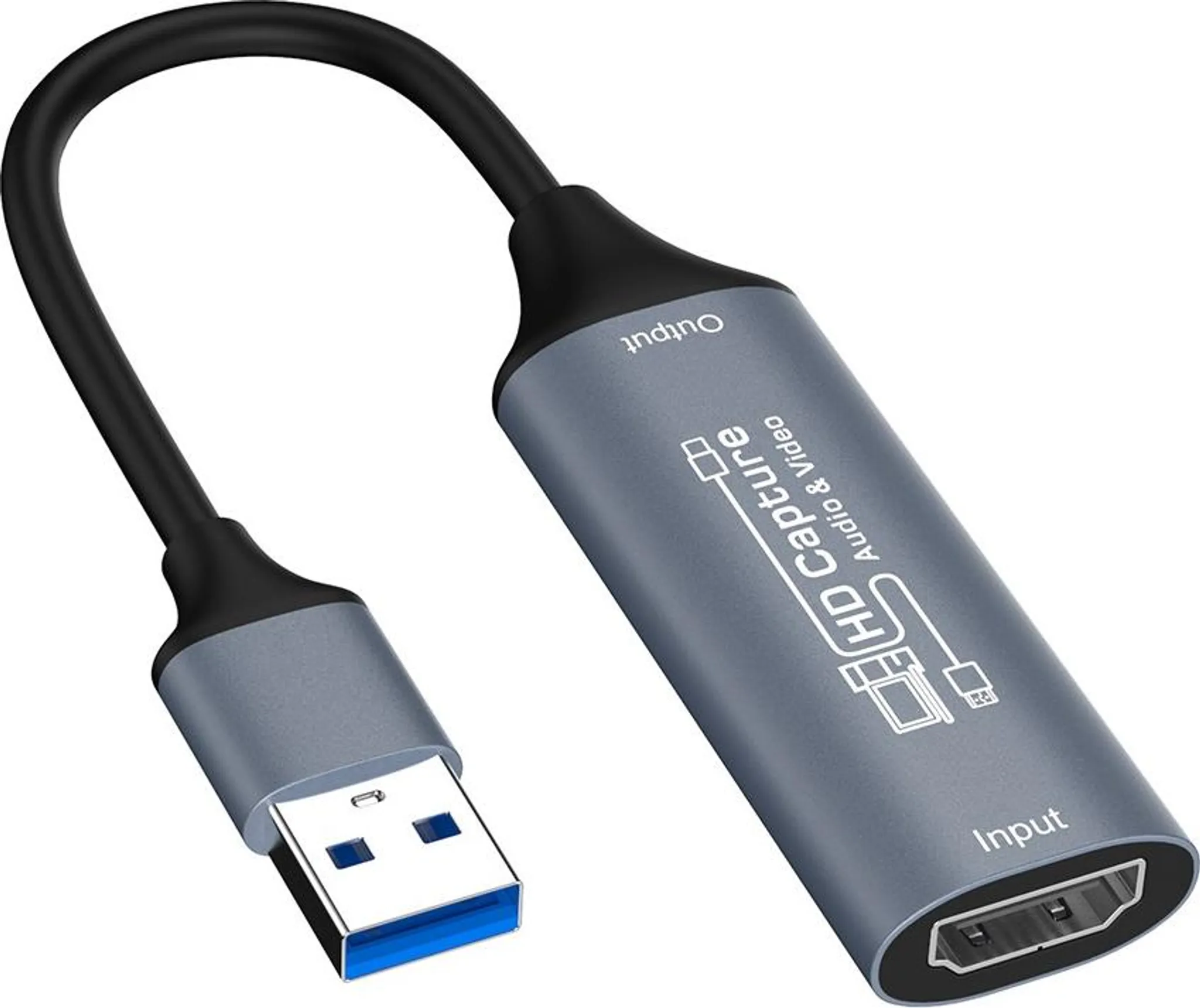 Ein grauer HDMI zu USB Video-Capture-Adapter mit schwarzem Kabel und USB-A-Anschluss vor weißem Hintergrund.
