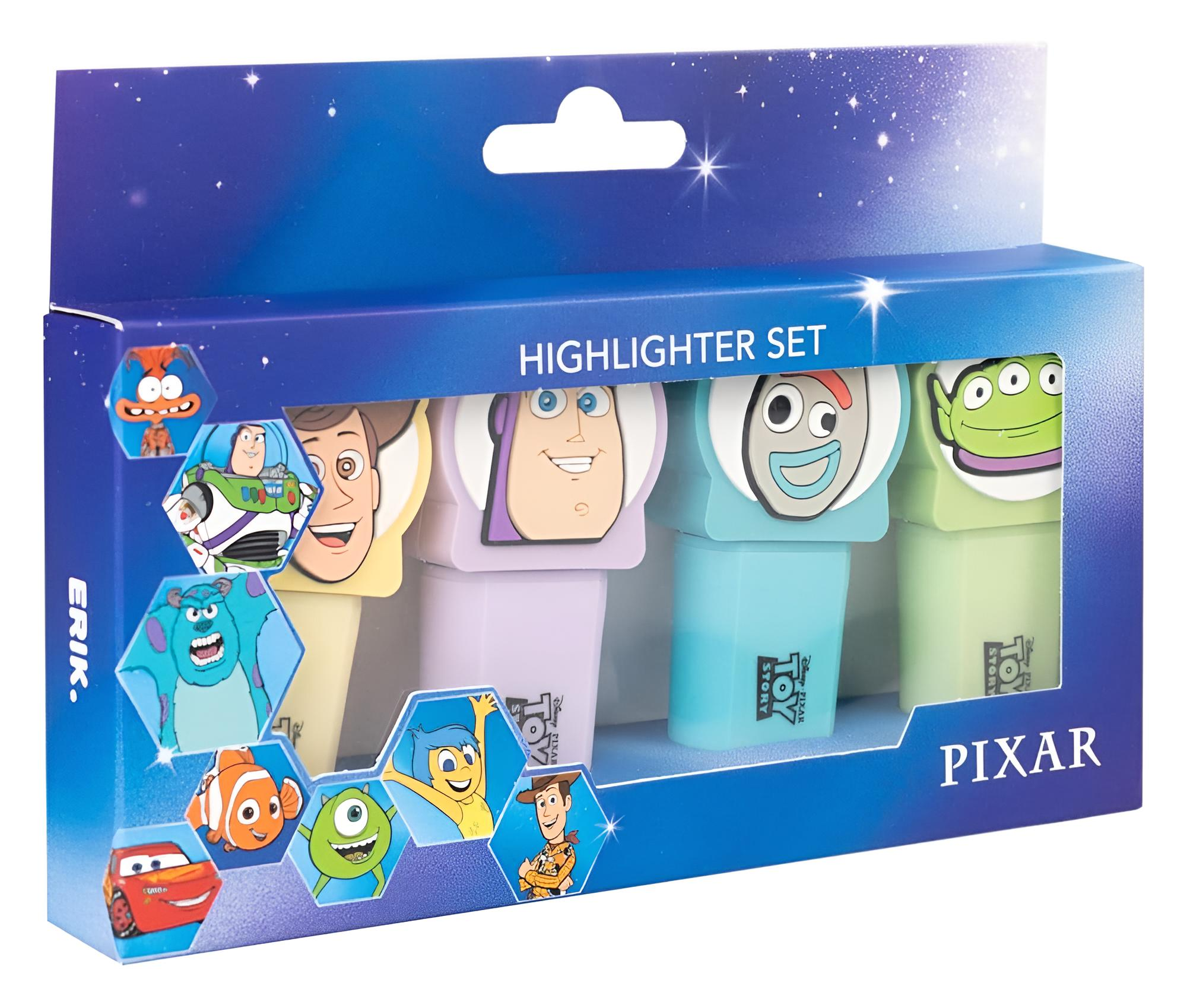 Ein Pixar Toy Story Textmarker-Set in blauer Verpackung mit Charakteren wie Woody, Buzz und Alien.