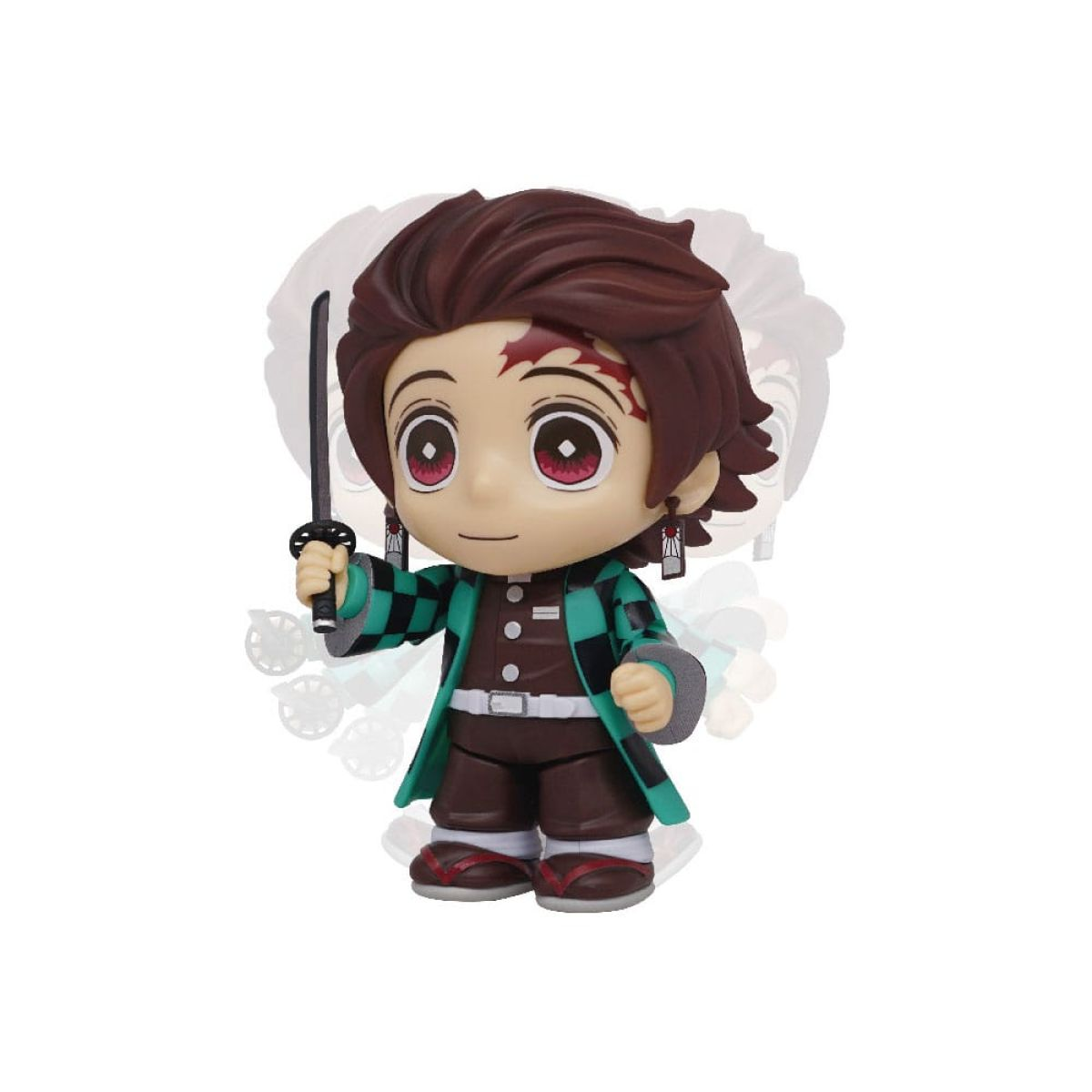 Eine Chibi-Figur von Tanjiro Kamado mit Schwert in der Hand, grünem Karo-Haori und roter Narbe auf der Stirn.