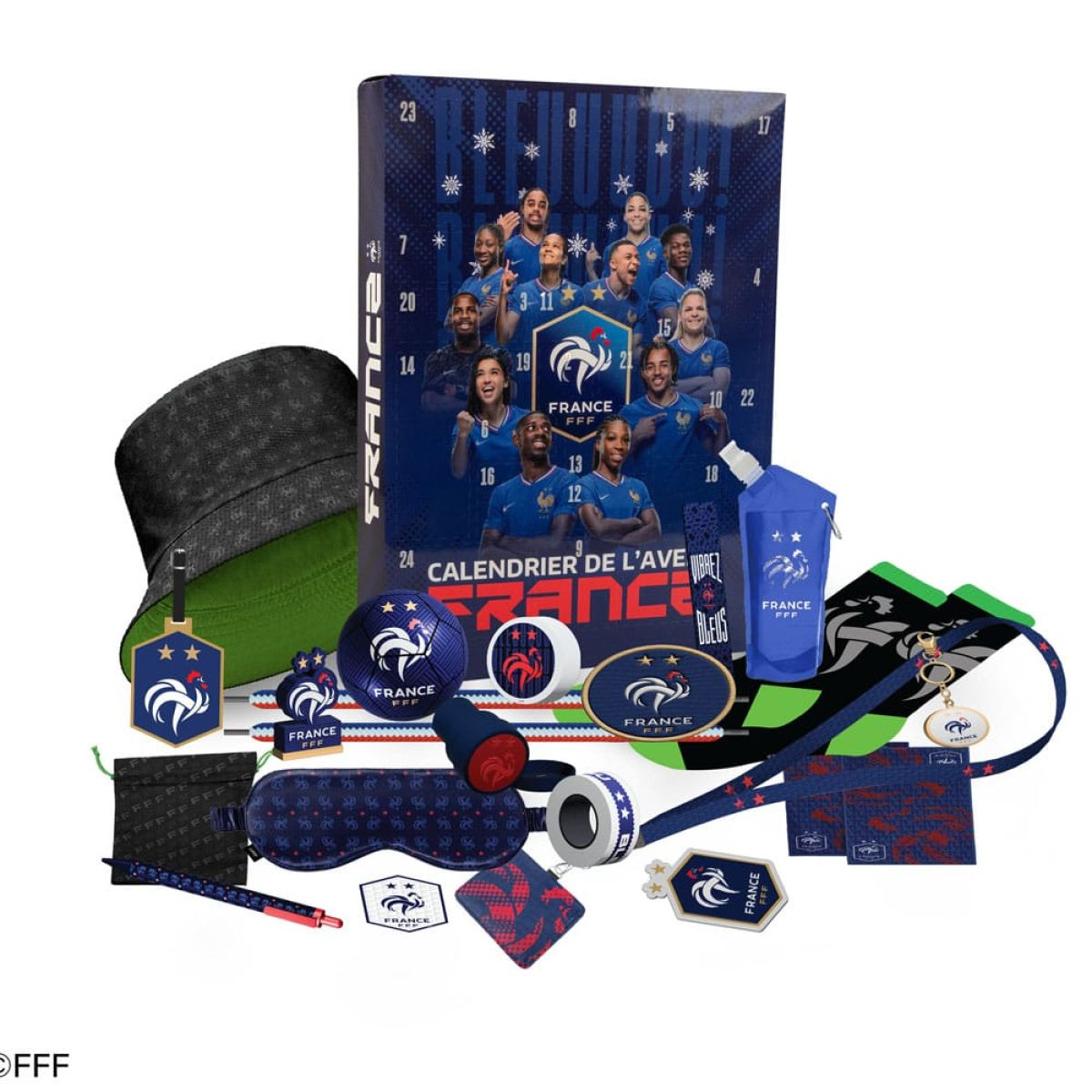 Ein französisches Fußball-Adventskalender-Set mit Kappe, Ball, Flasche, Tuch und FFF-Merchandise-Artikeln.