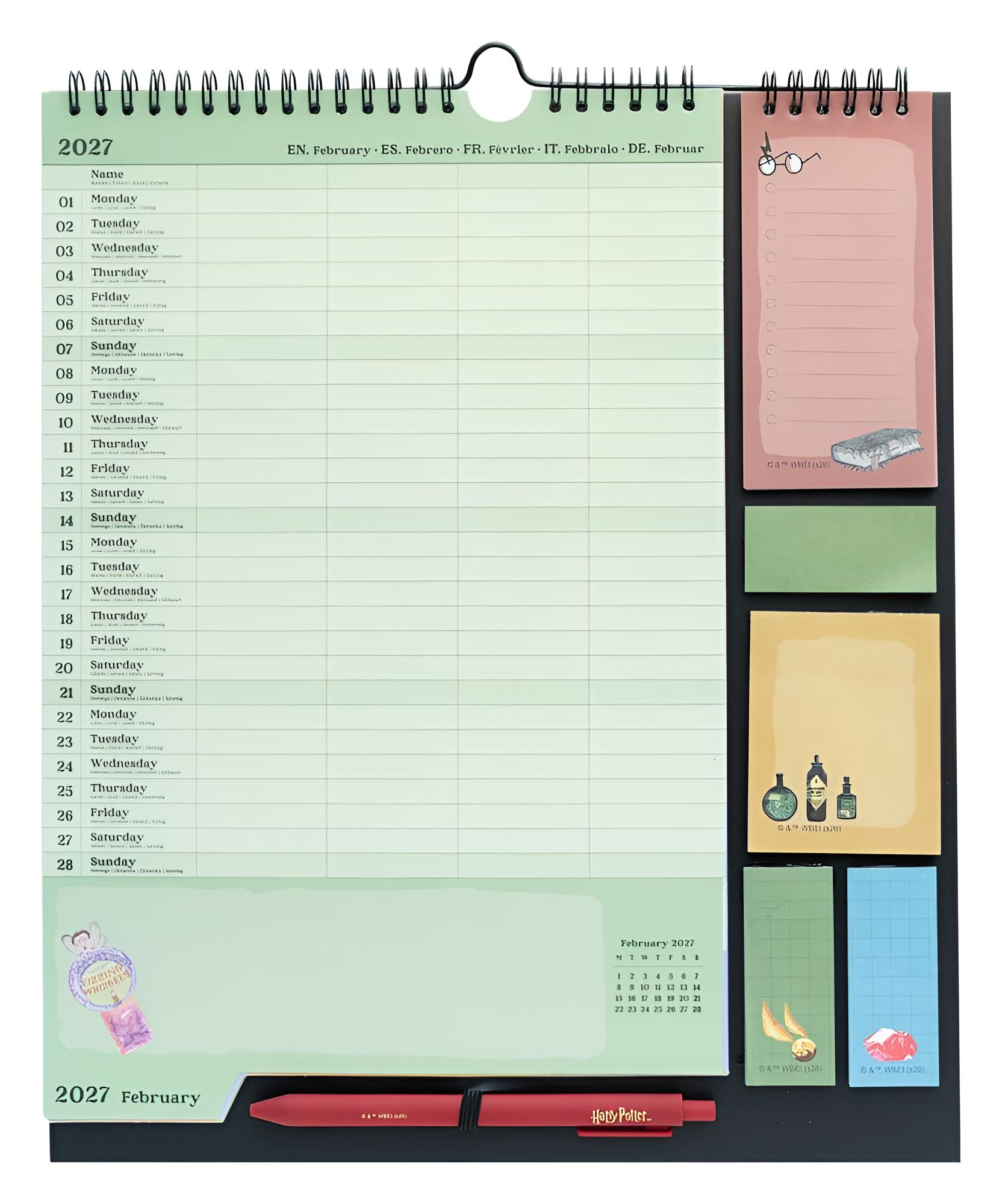 Ein Kalender für Februar 2027 mit Notizblöcken, einem Stift und Illustrationen im Harry-Potter-Stil.