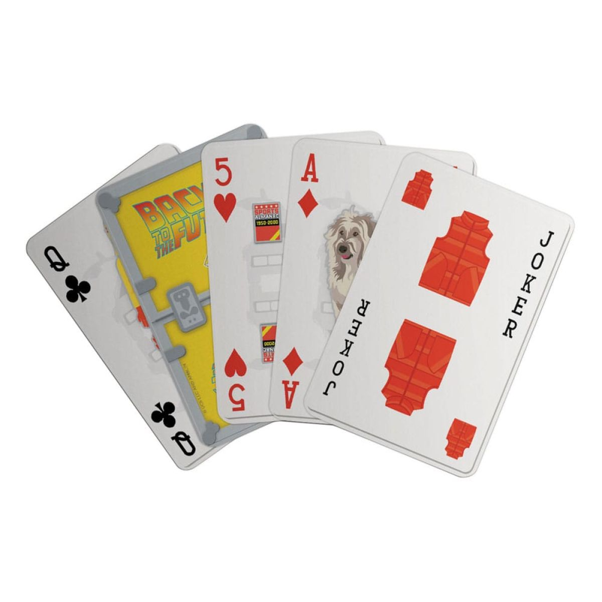Cinq cartes à jouer sur le thème de Retour vers le futur sur fond blanc.