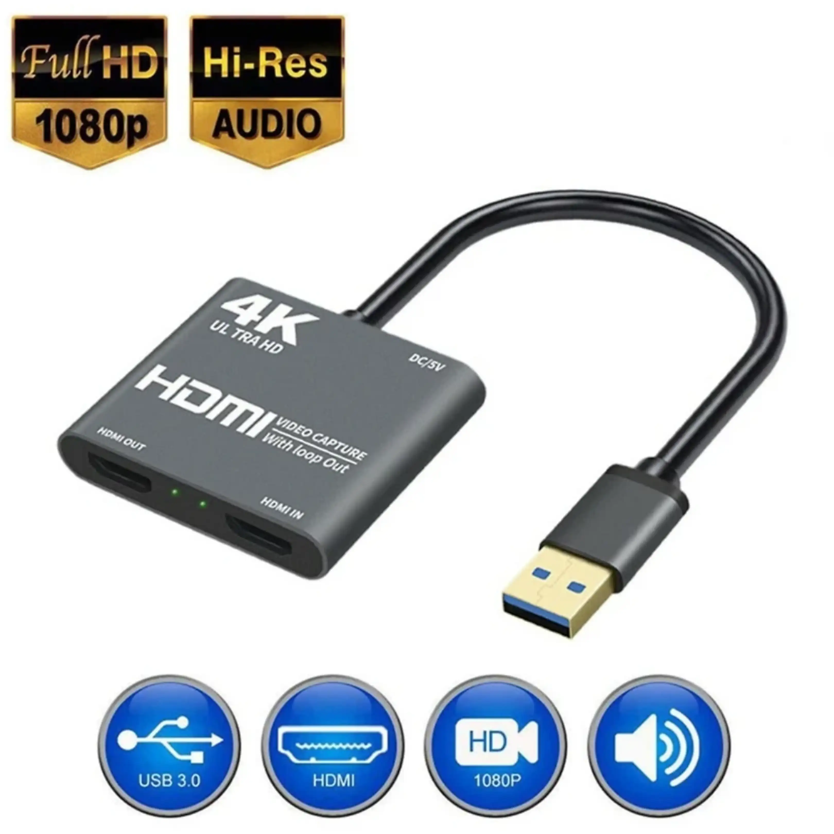 Eine 4K-HDMI-Video-Capture-Karte mit USB-Kabel und Full HD 1080p- sowie Hi-Res-Audio-Symbolen.
